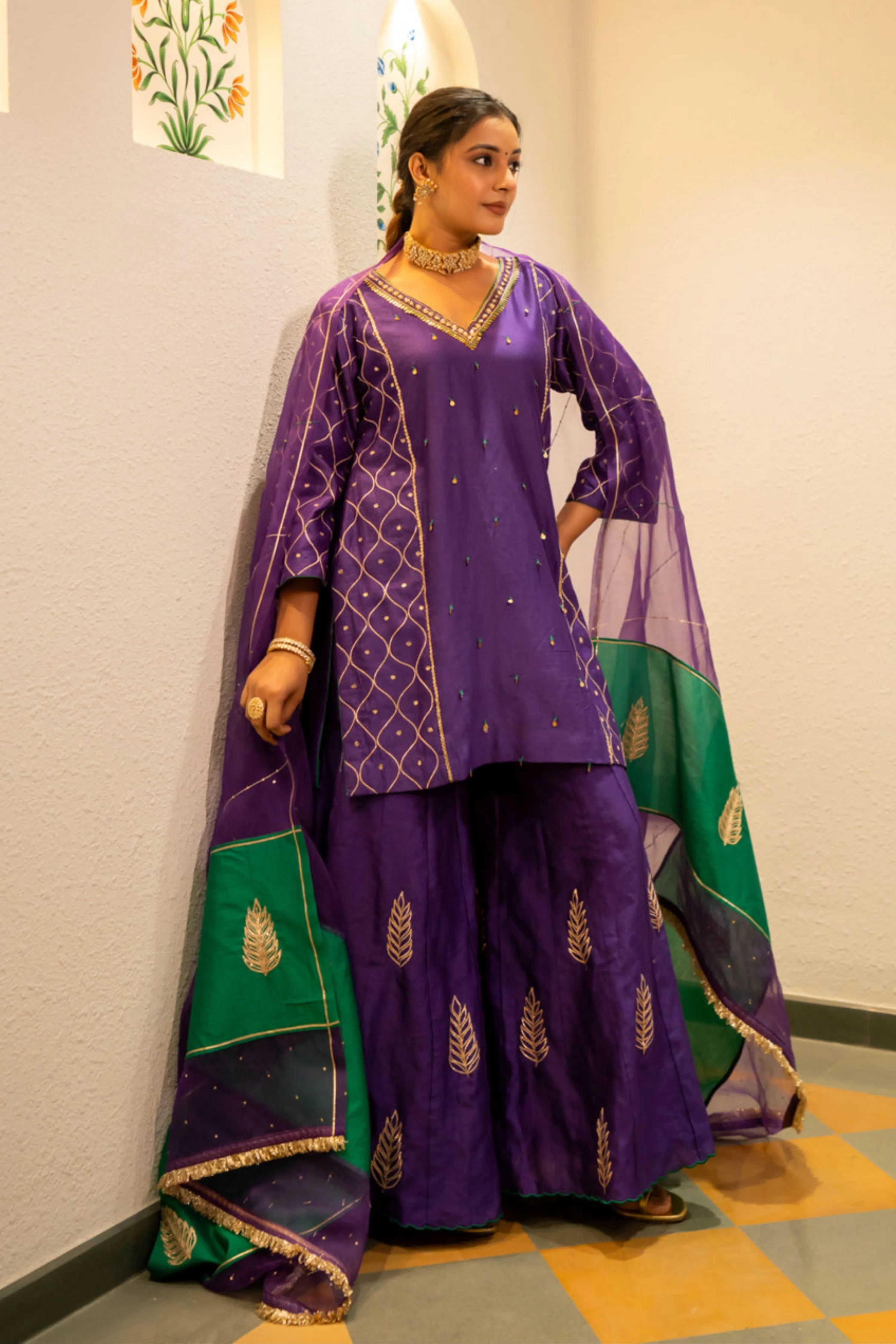 Purple Metallic Sharara Set