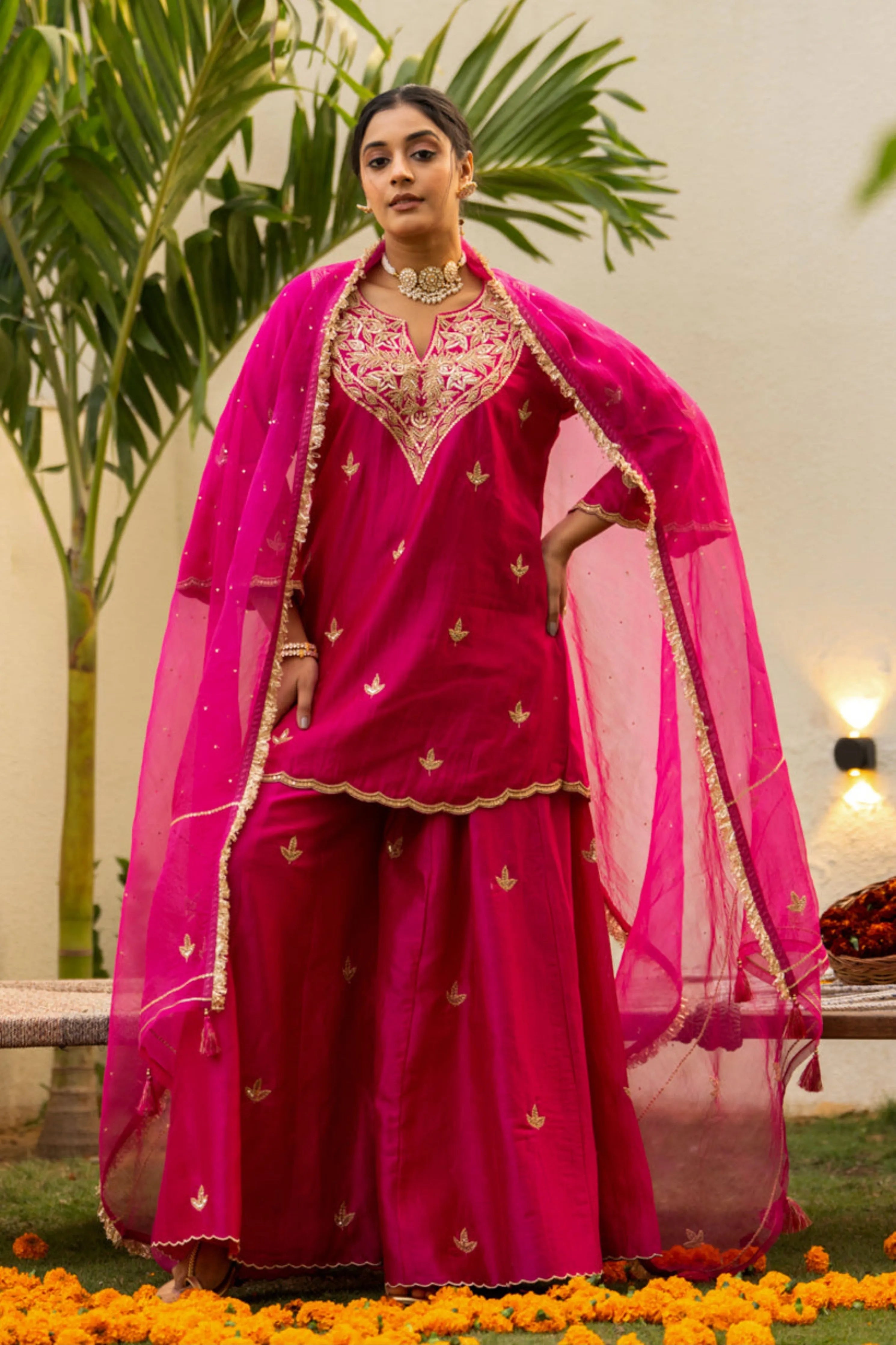Pink Moti Daman Sharara Set