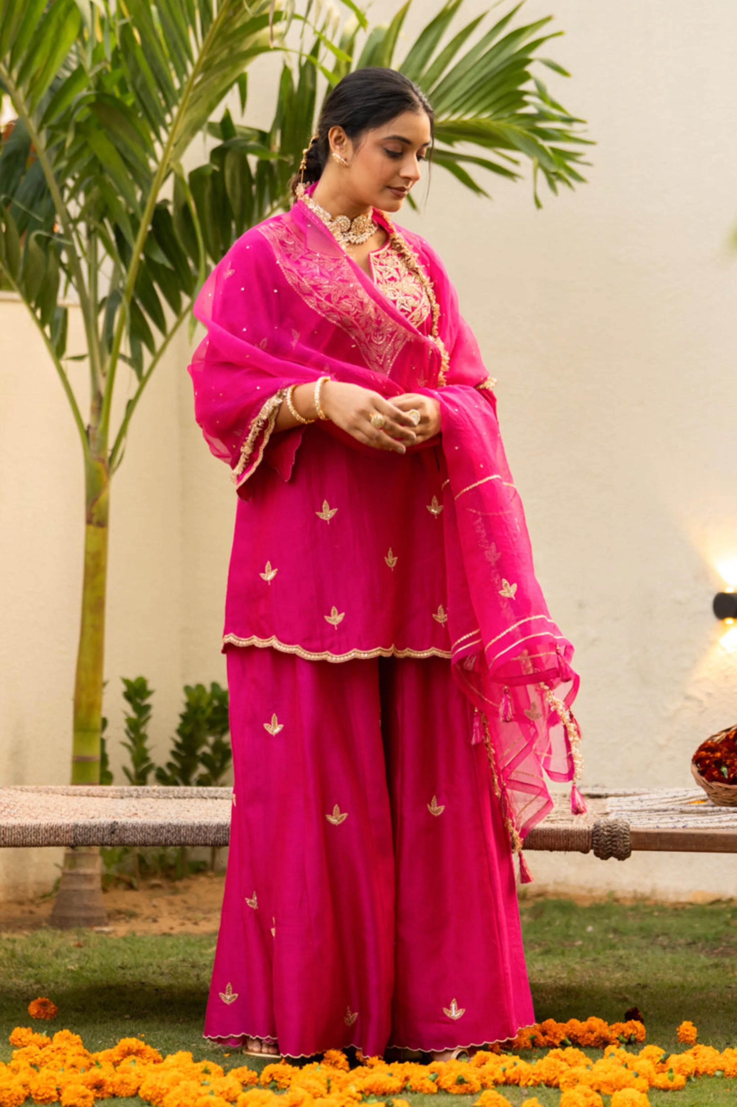 Pink Moti Daman Sharara Set