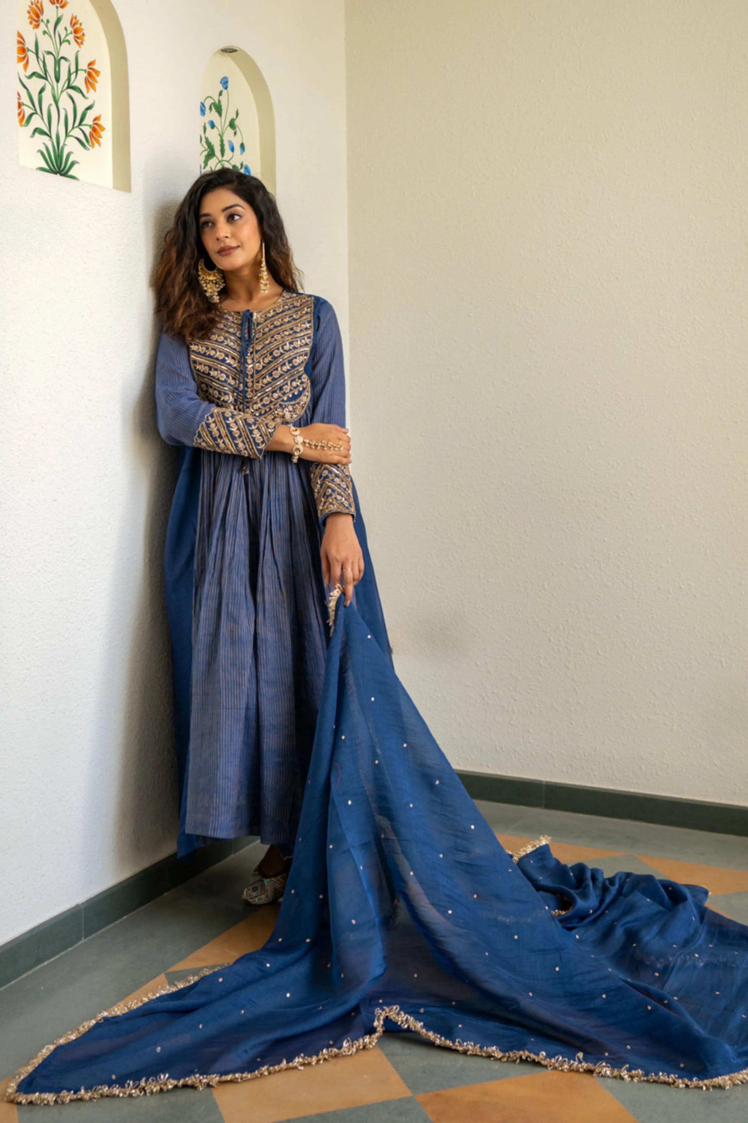 Midnight Blue Tissue Centre Gathered Kurta Set