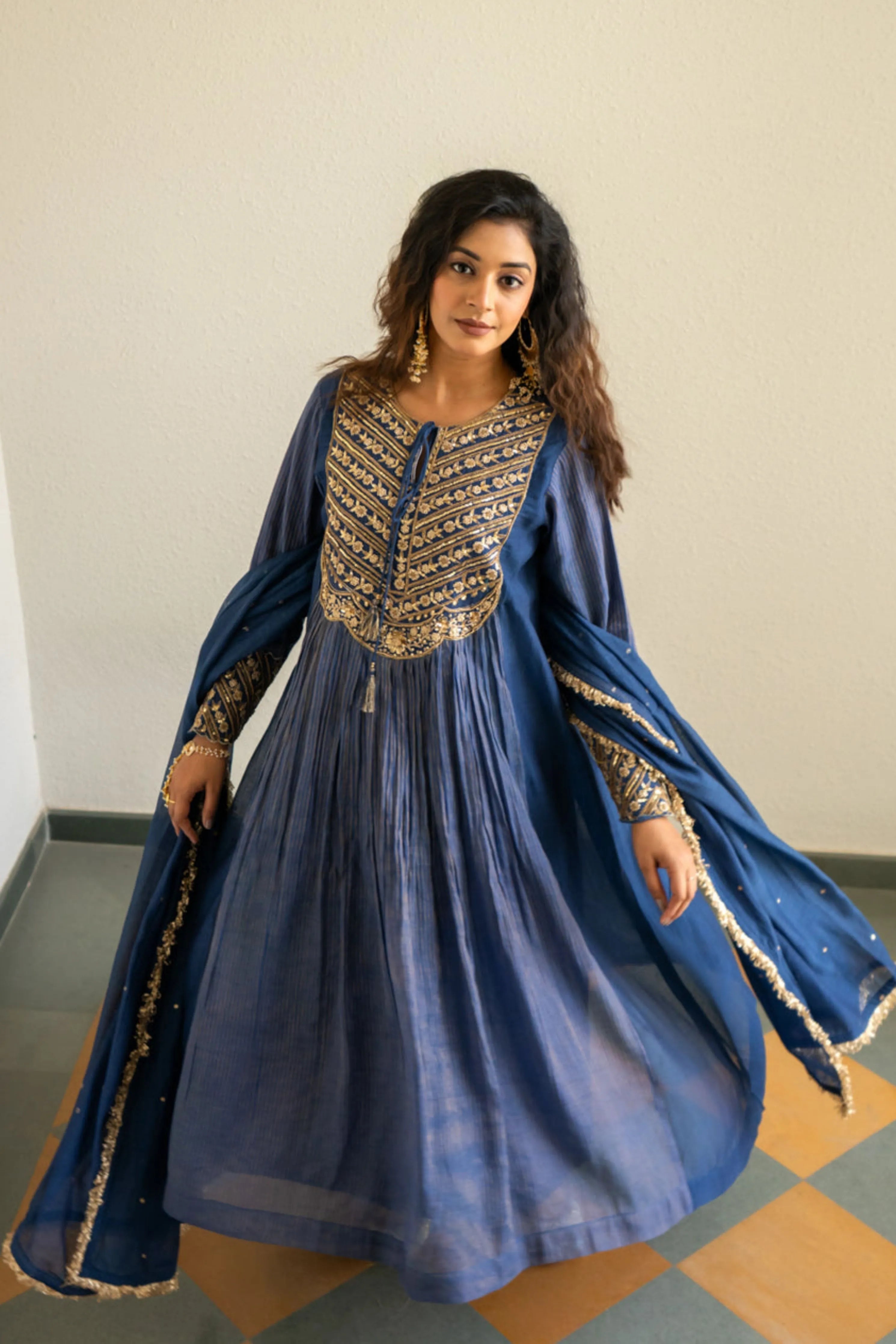 Midnight Blue Tissue Centre Gathered Kurta Set