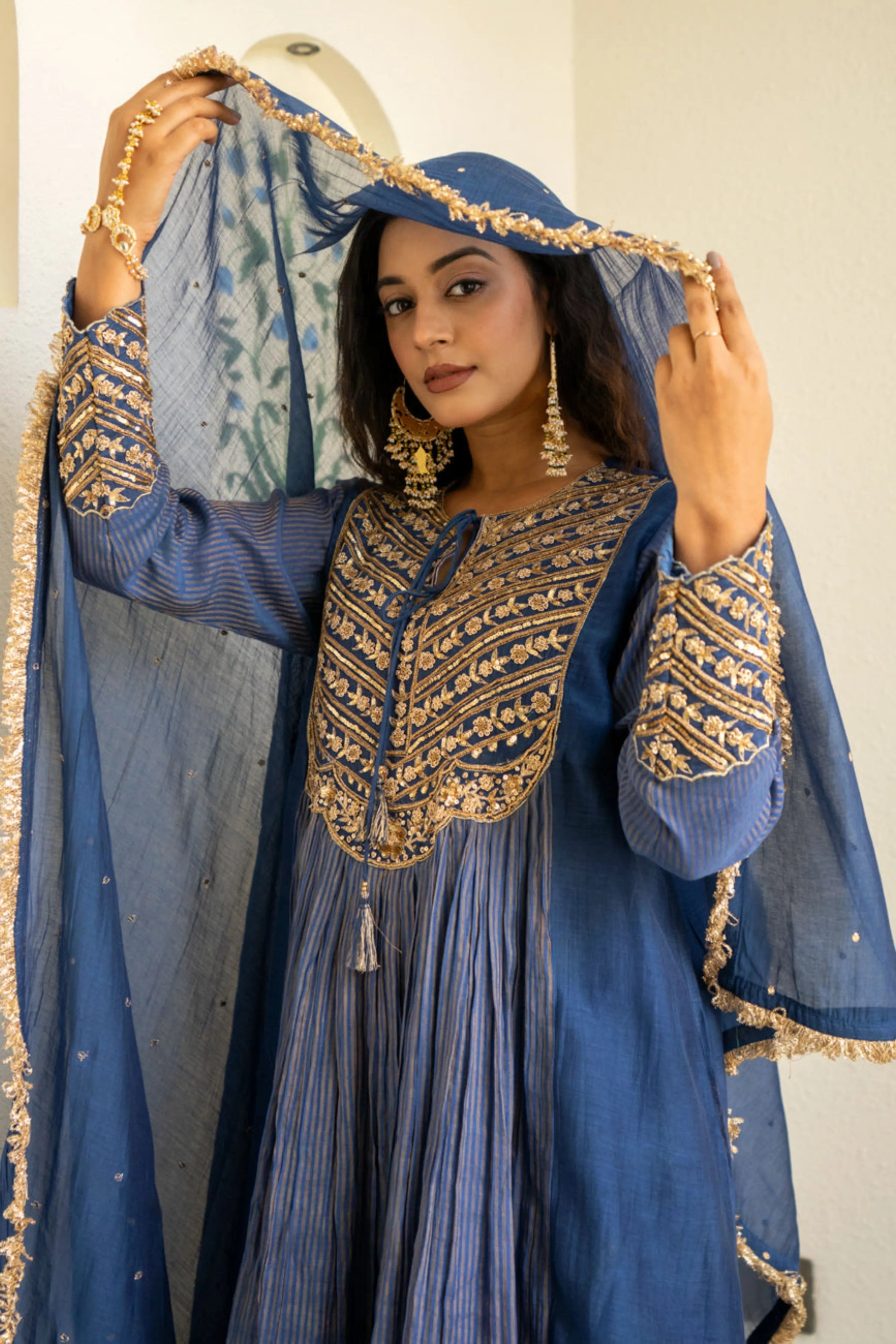 Midnight Blue Tissue Centre Gathered Kurta Set