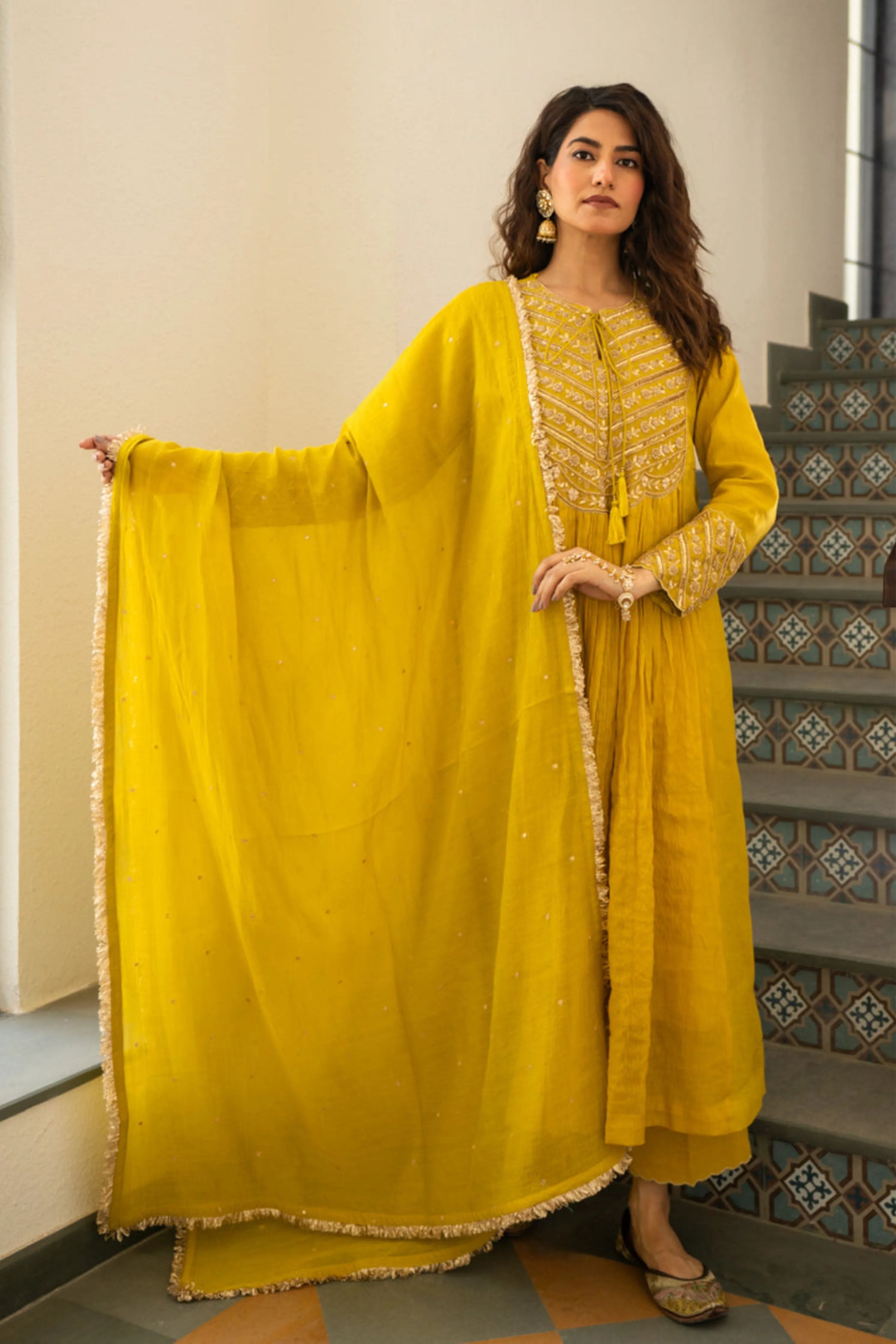 Lime Mustard Tissue Centre Gathered Kurta Set