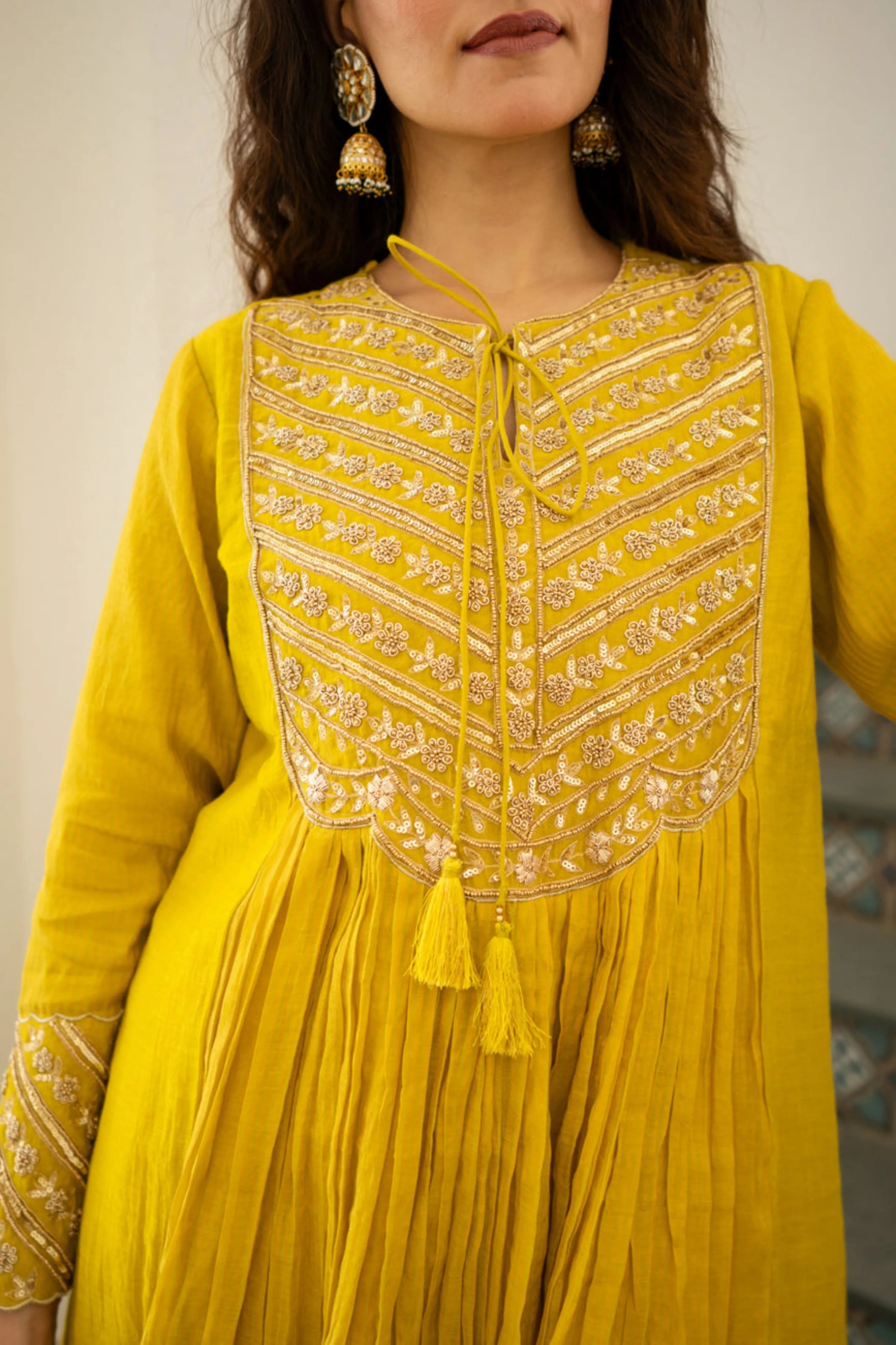 Lime Mustard Tissue Centre Gathered Kurta Set