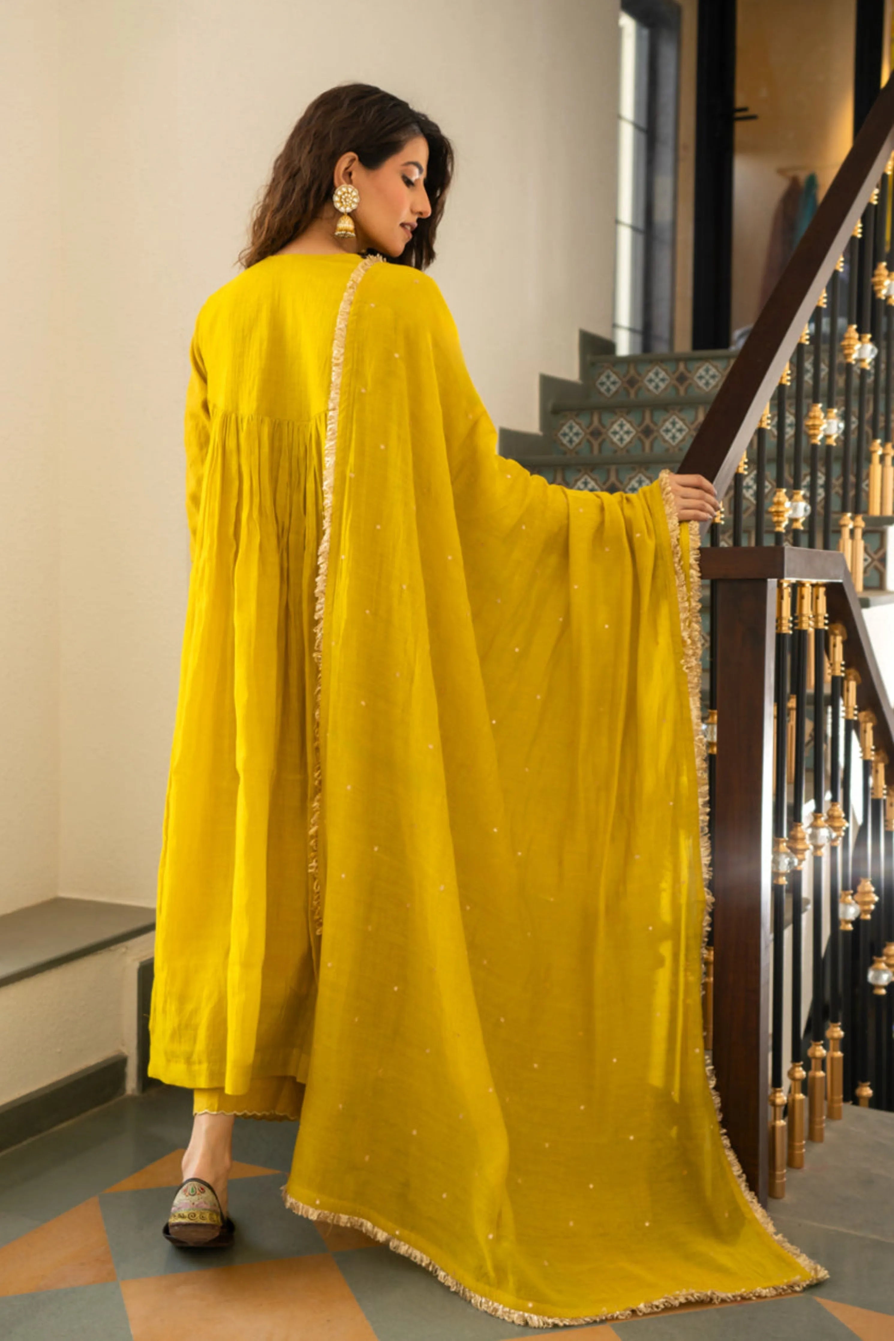 Lime Mustard Tissue Centre Gathered Kurta Set