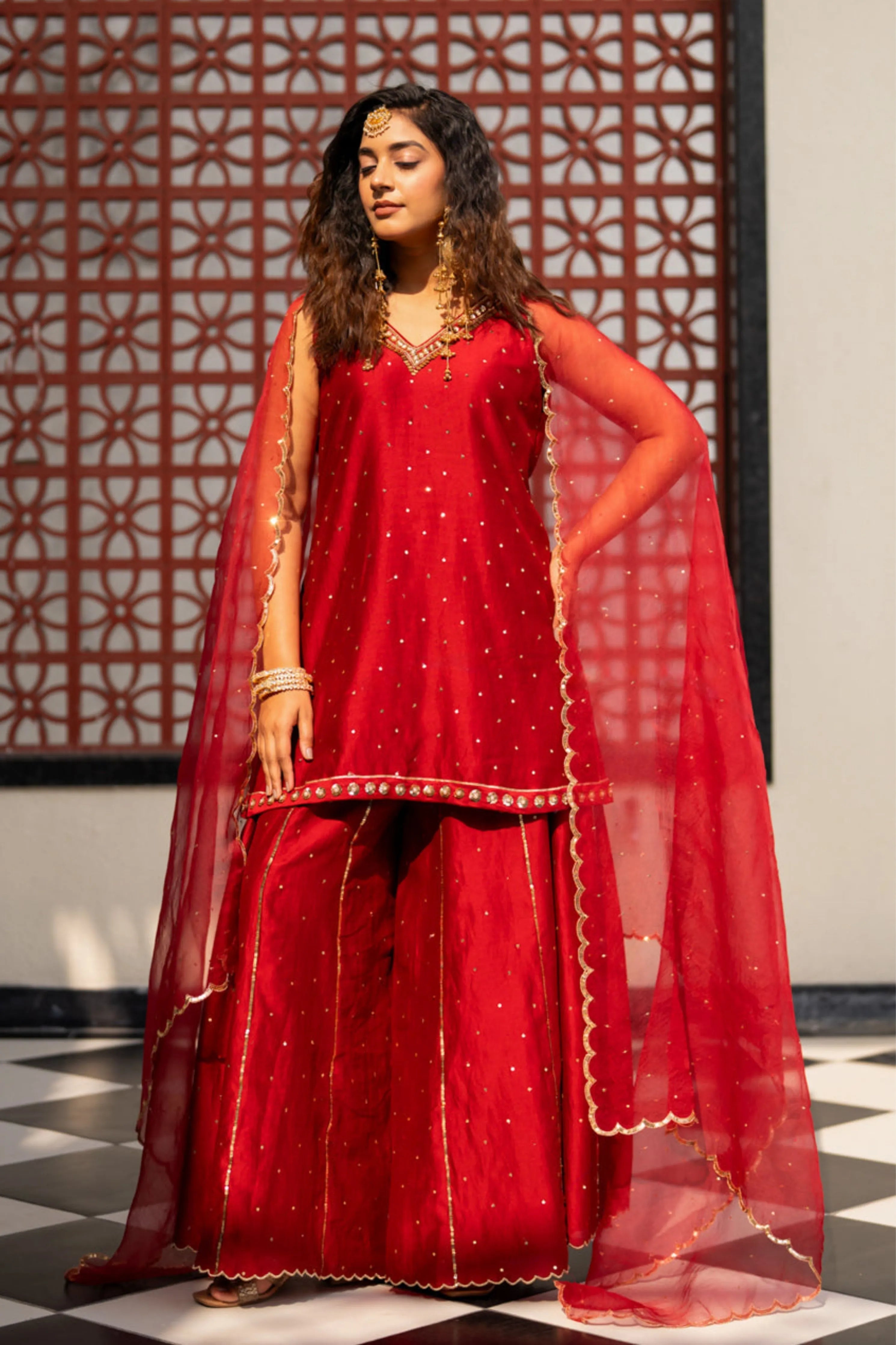 Deep Maroon Sequinns Sharara Set