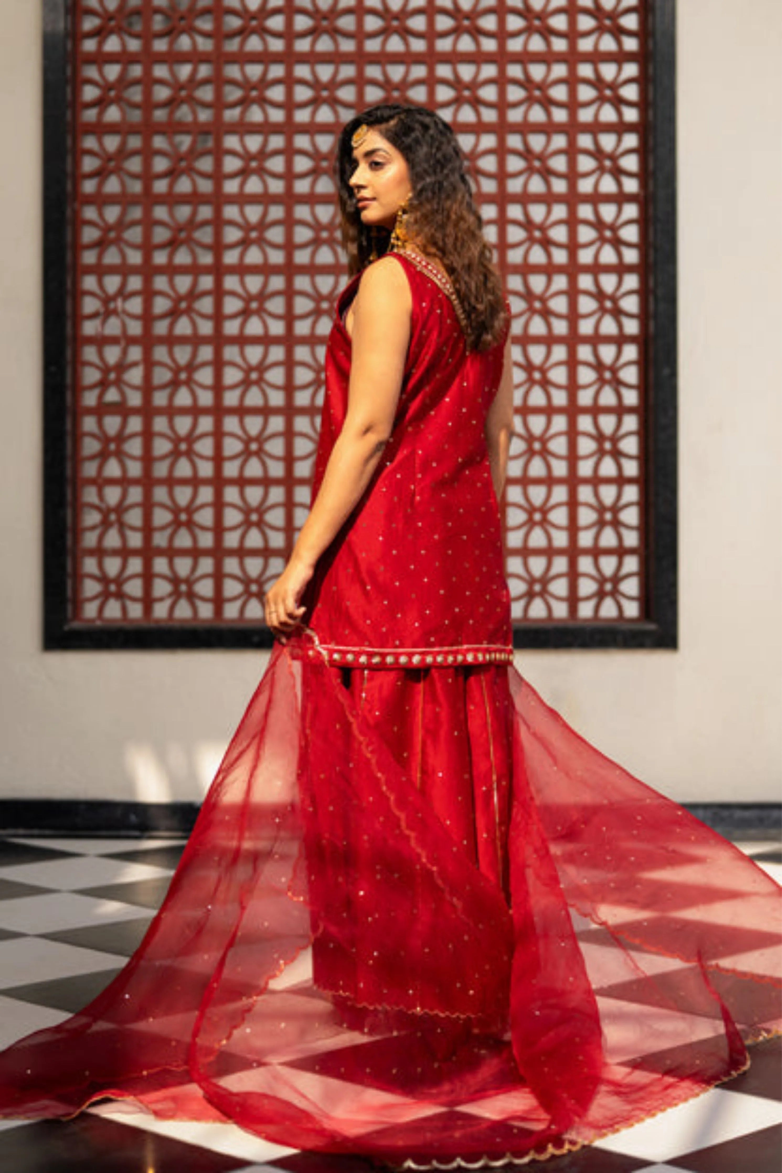 Deep Maroon Sequinns Sharara Set