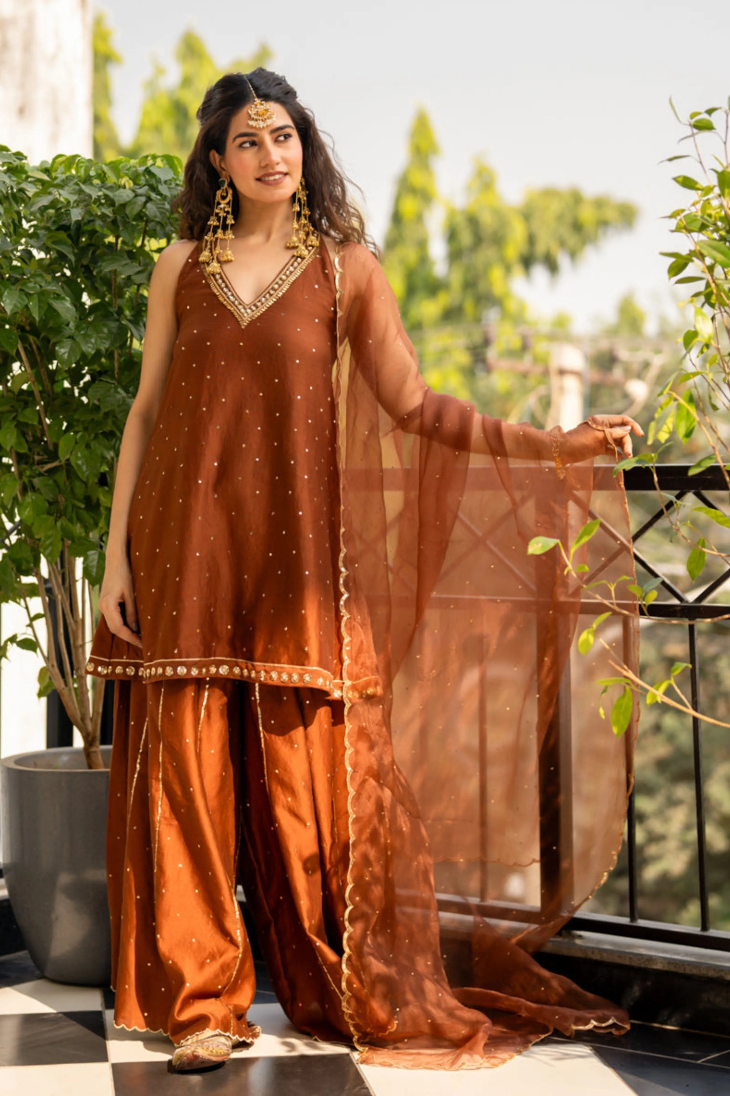 Brown Sequinns Sharara Set