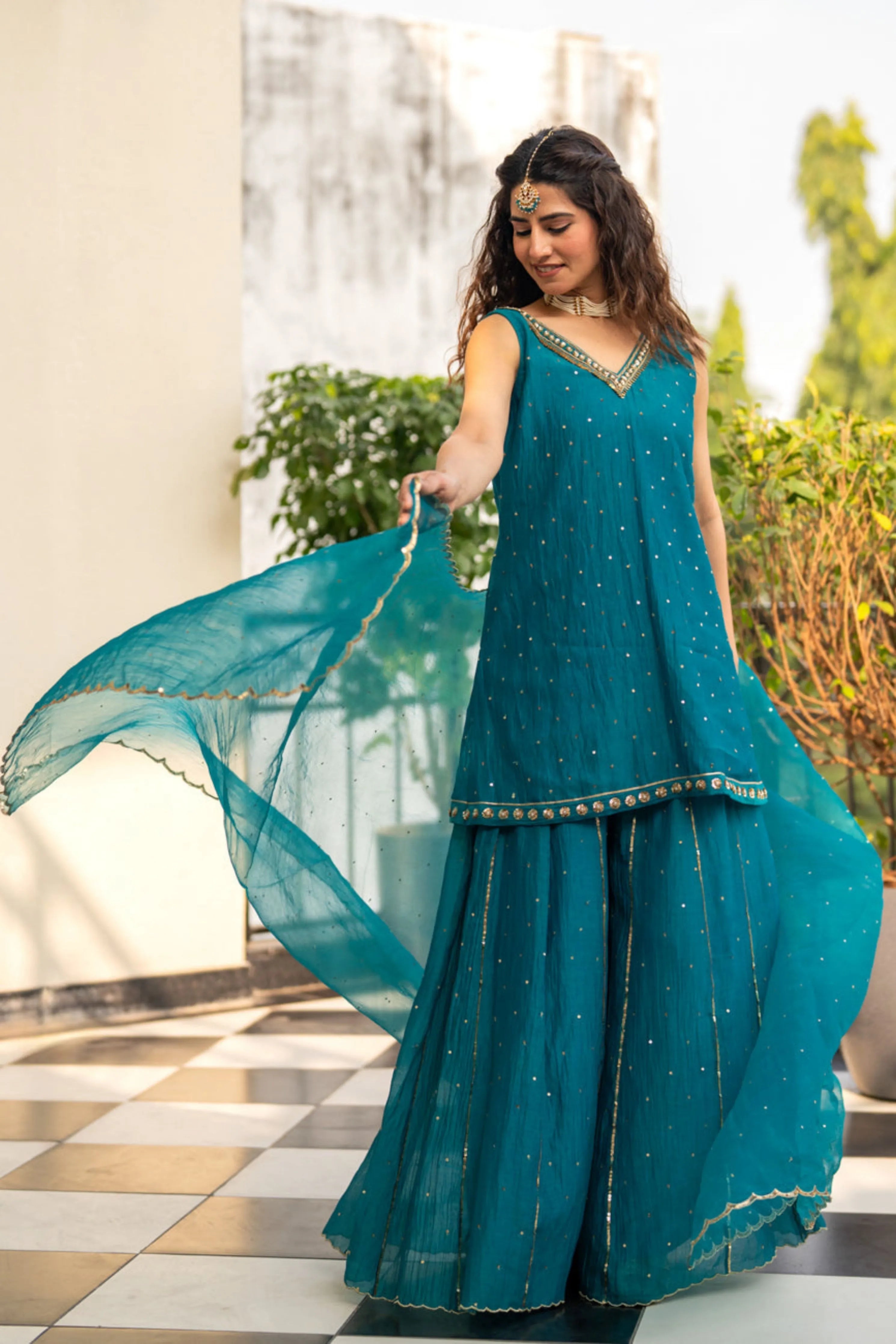 Teal Blue Sequinns Sharara Set
