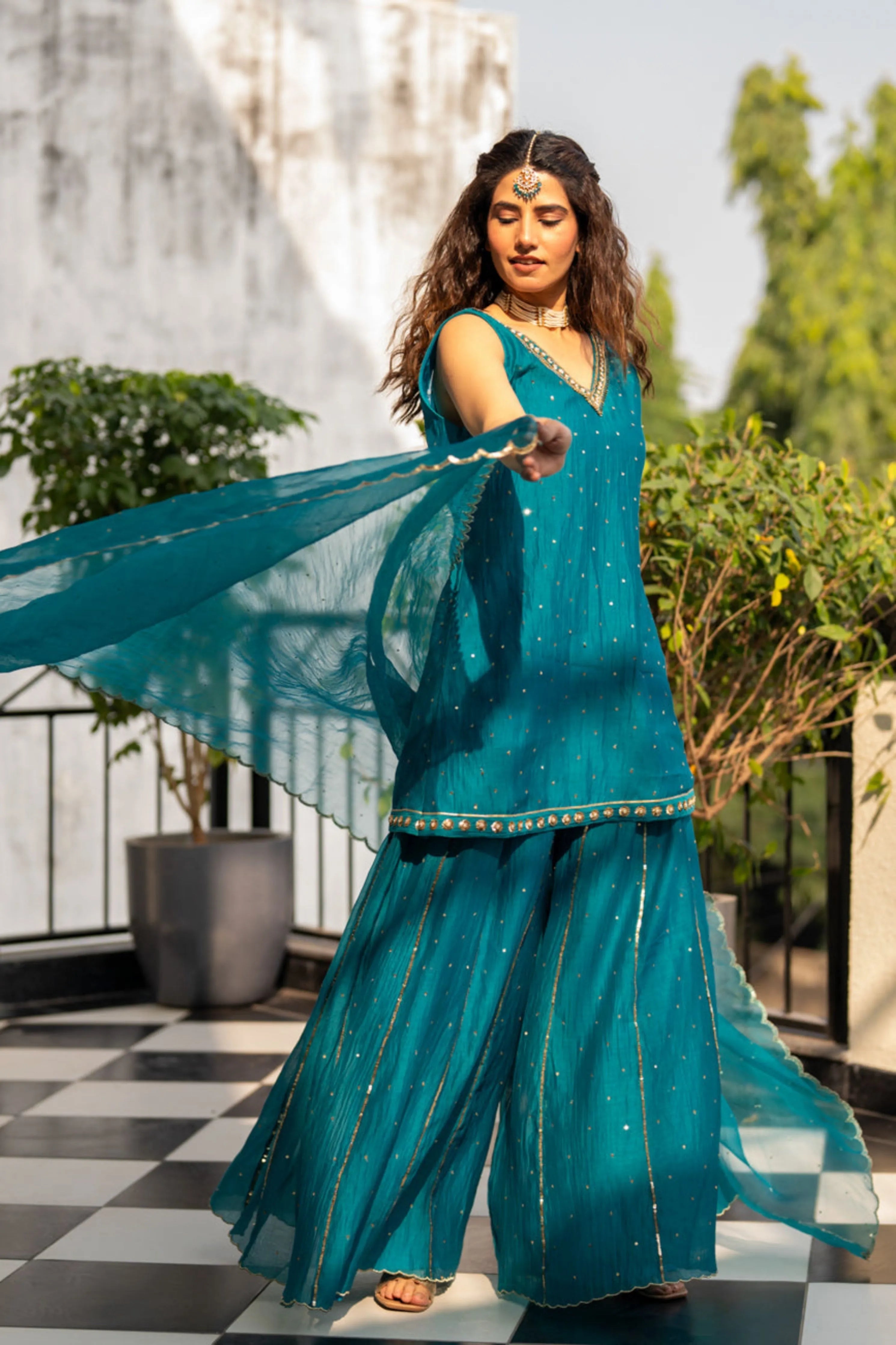 Teal Blue Sequinns Sharara Set