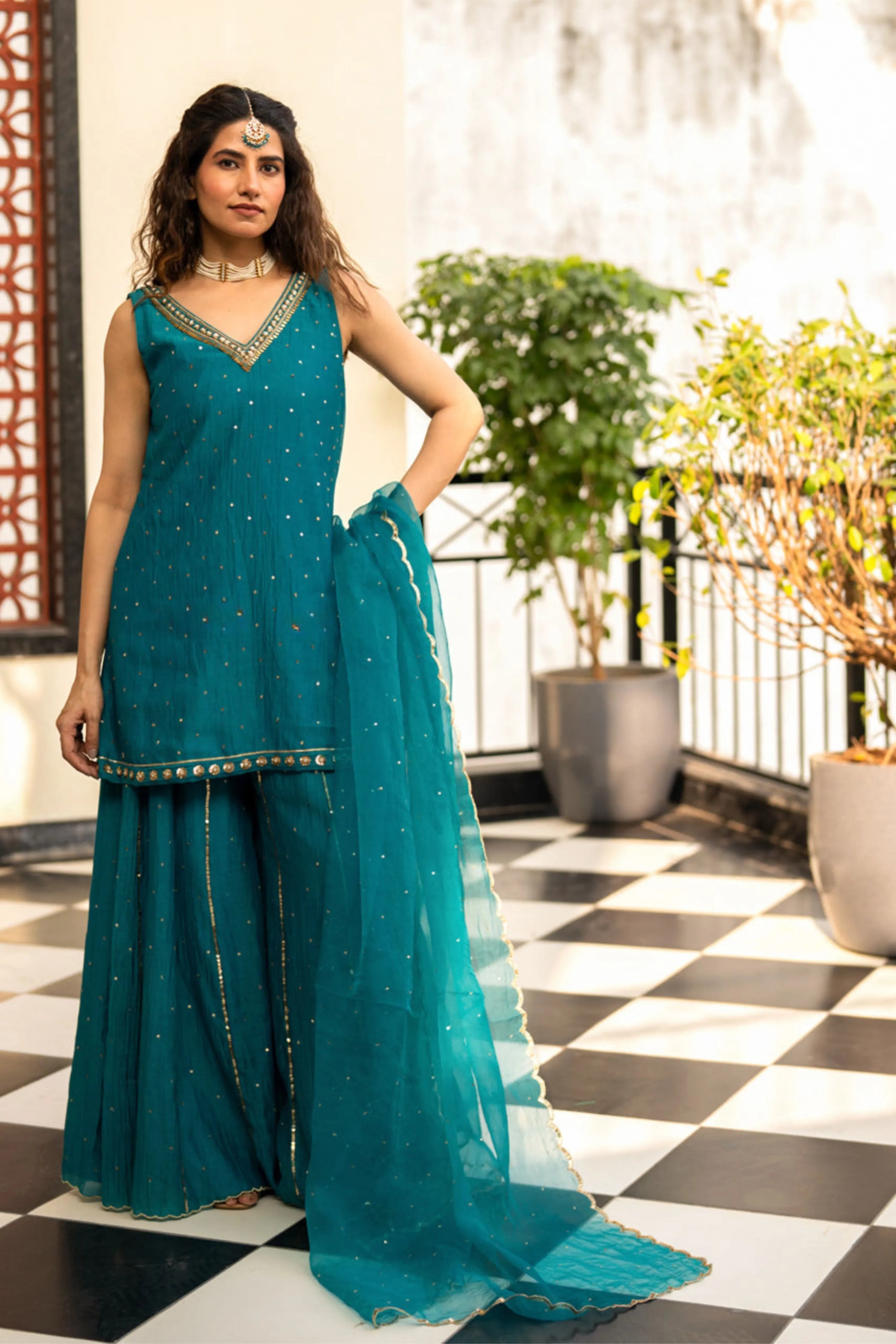 Teal Blue Sequinns Sharara Set