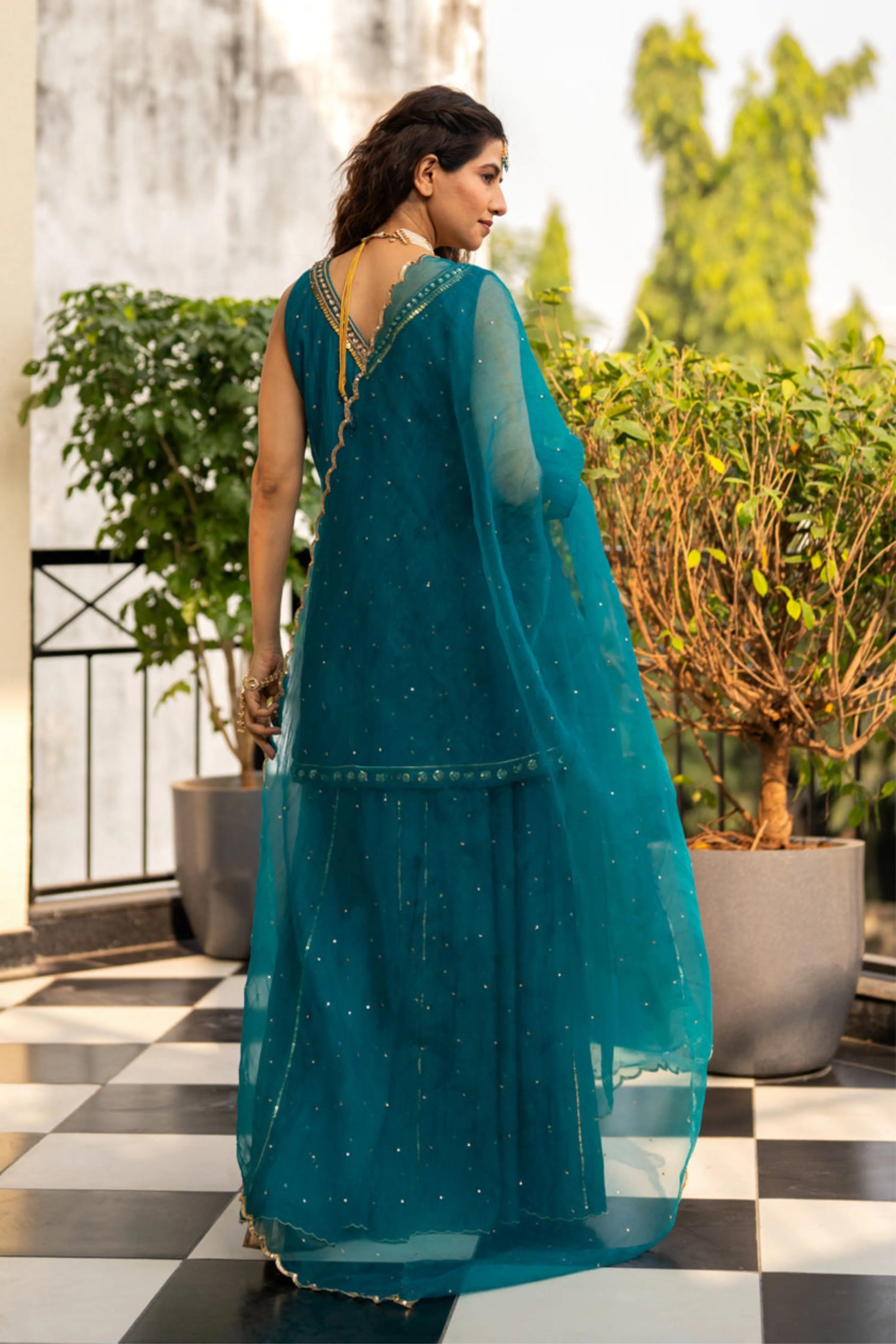Teal Blue Sequinns Sharara Set