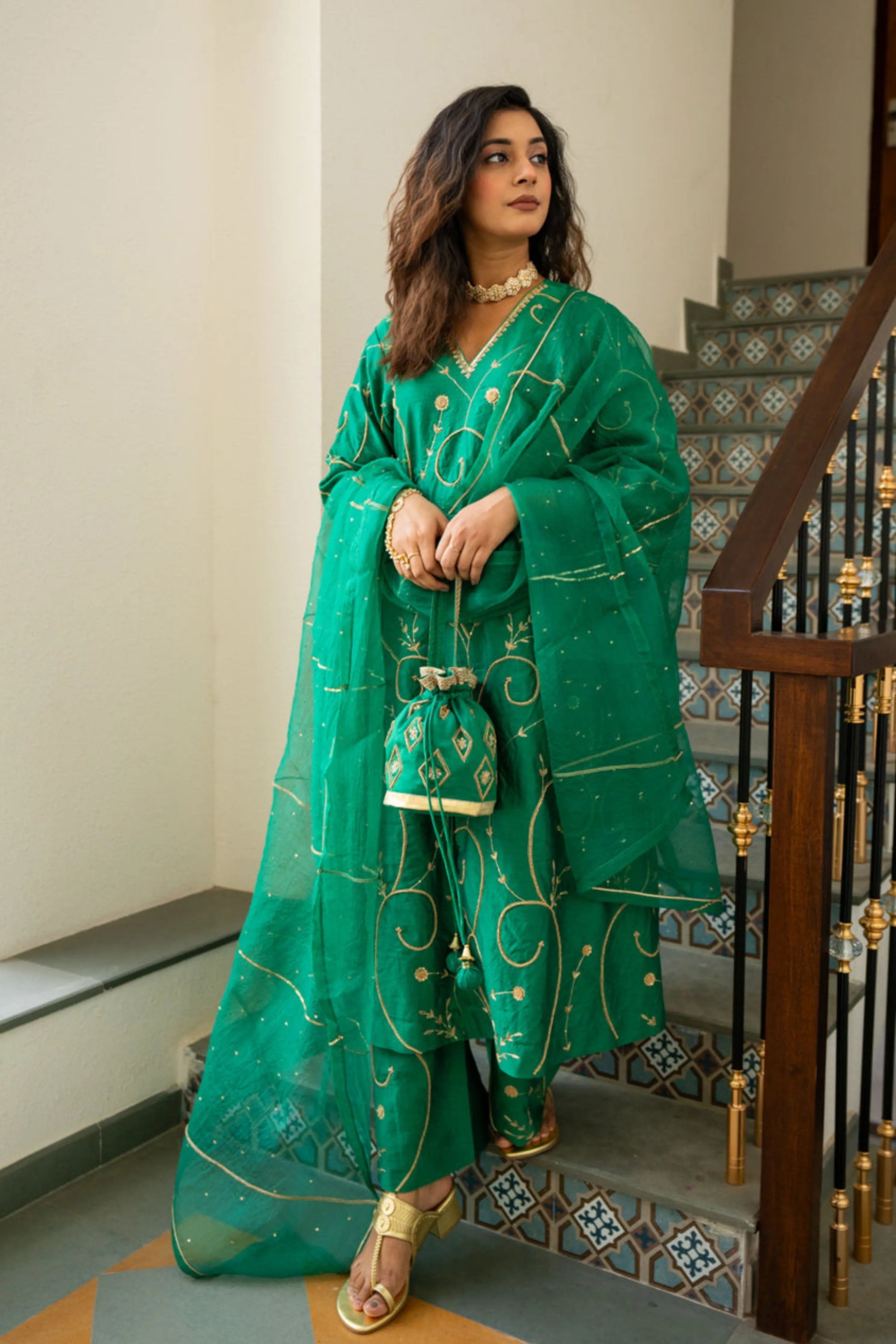 Green Moti Jaal A-Line Kurta Set