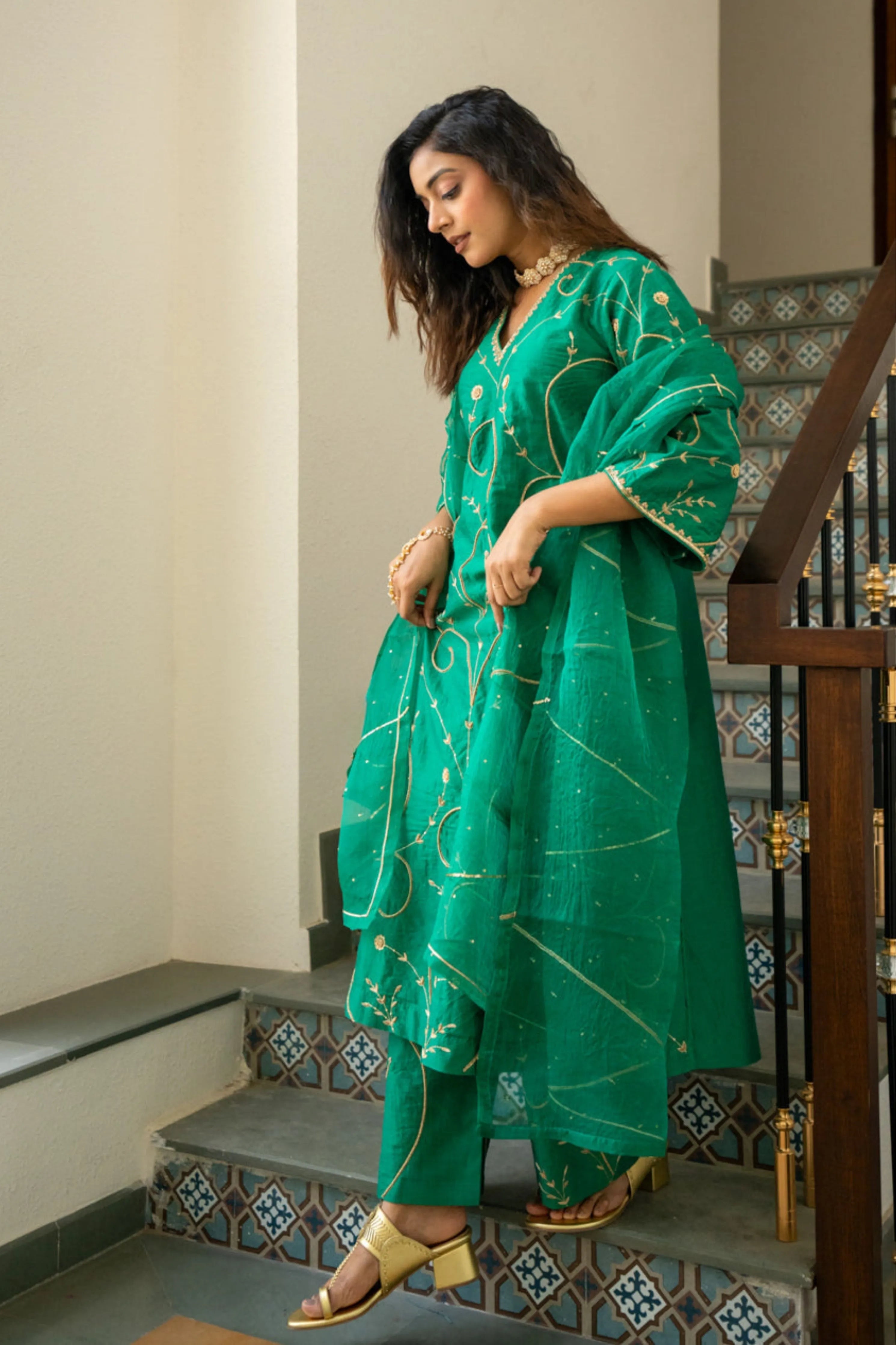 Green Moti Jaal A-Line Kurta Set