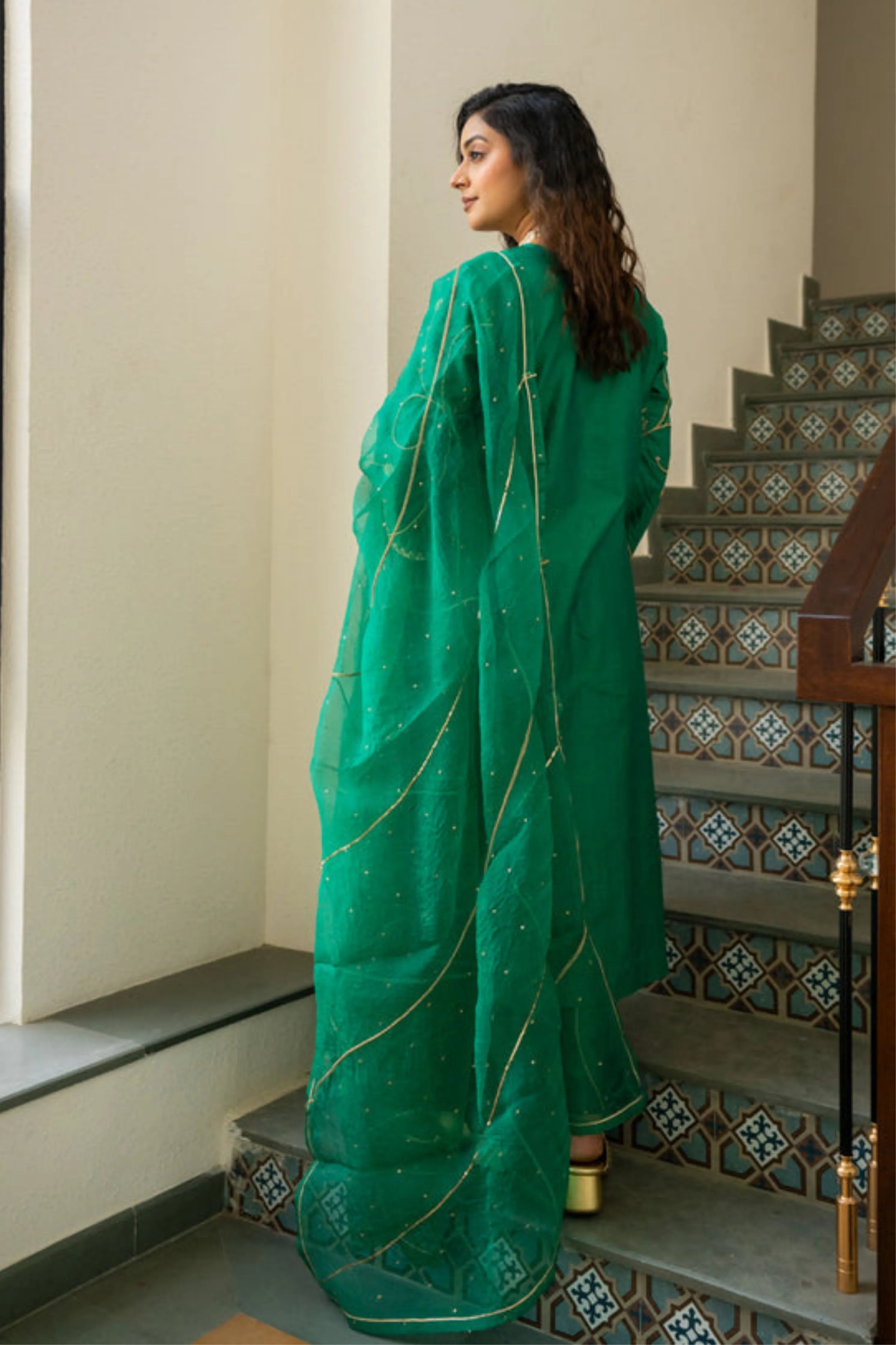 Green Moti Jaal A-Line Kurta Set