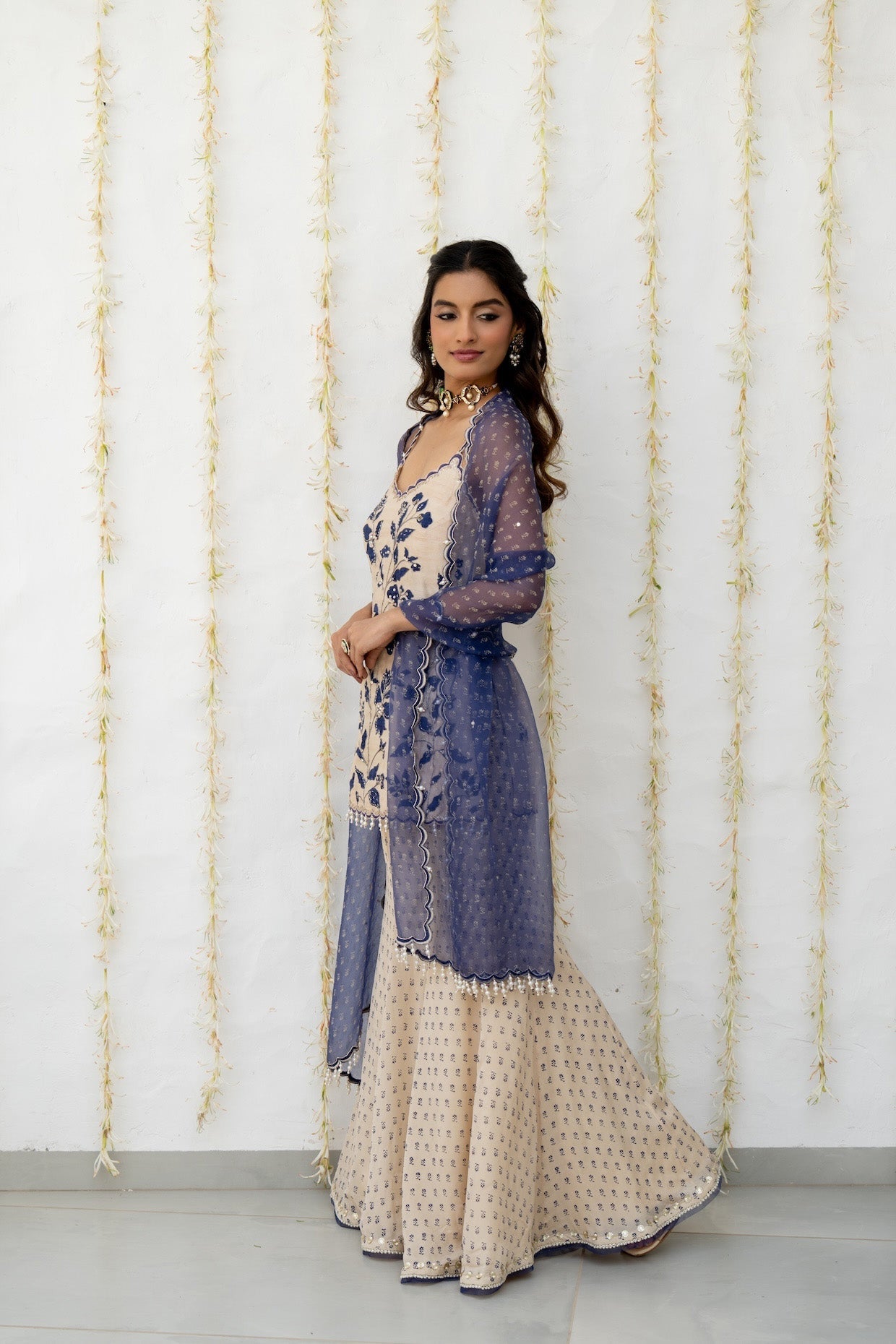 Ecru Silk Embroidered Sharara Set