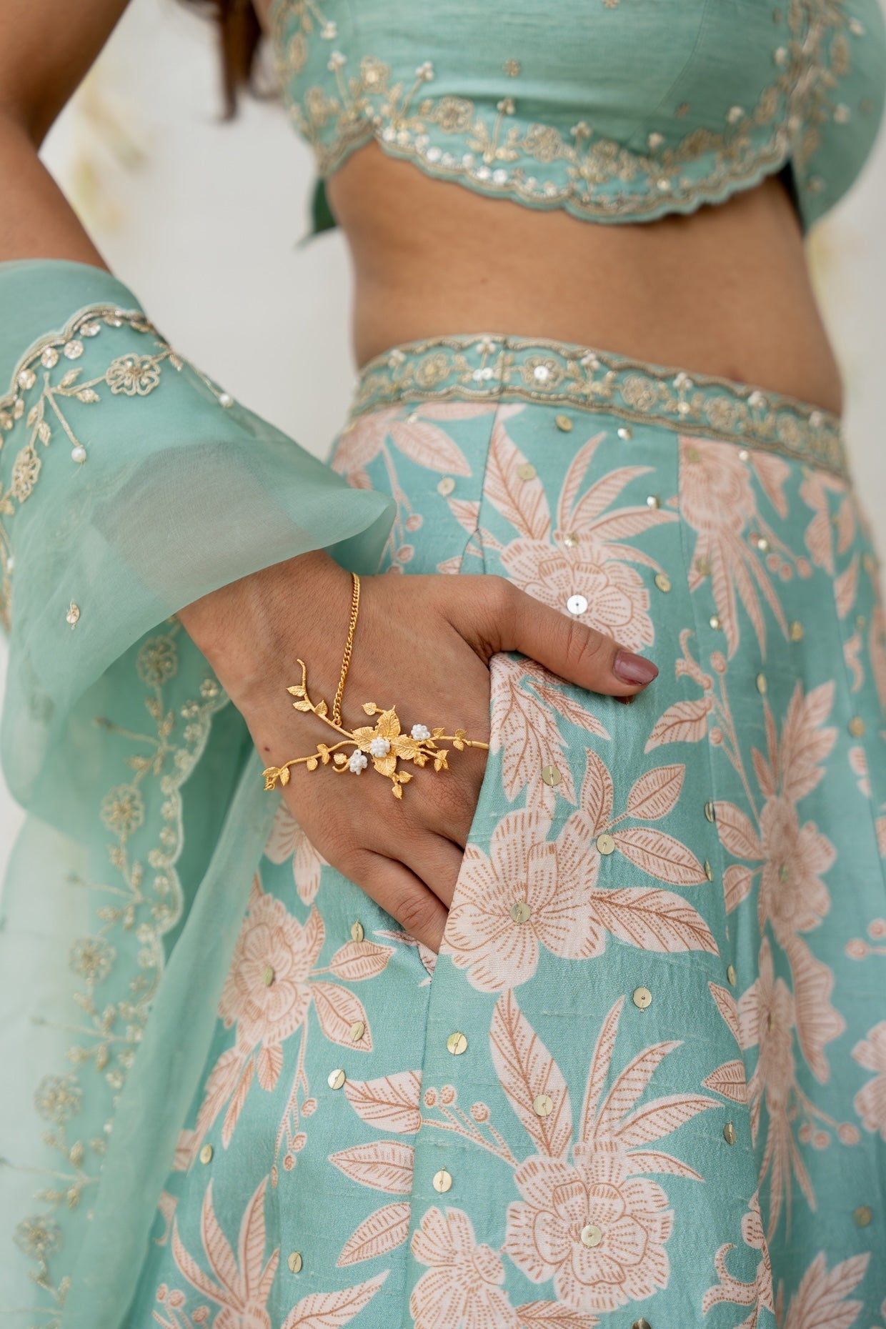 Aqua Silk Printed & Embroidered Lehenga Set