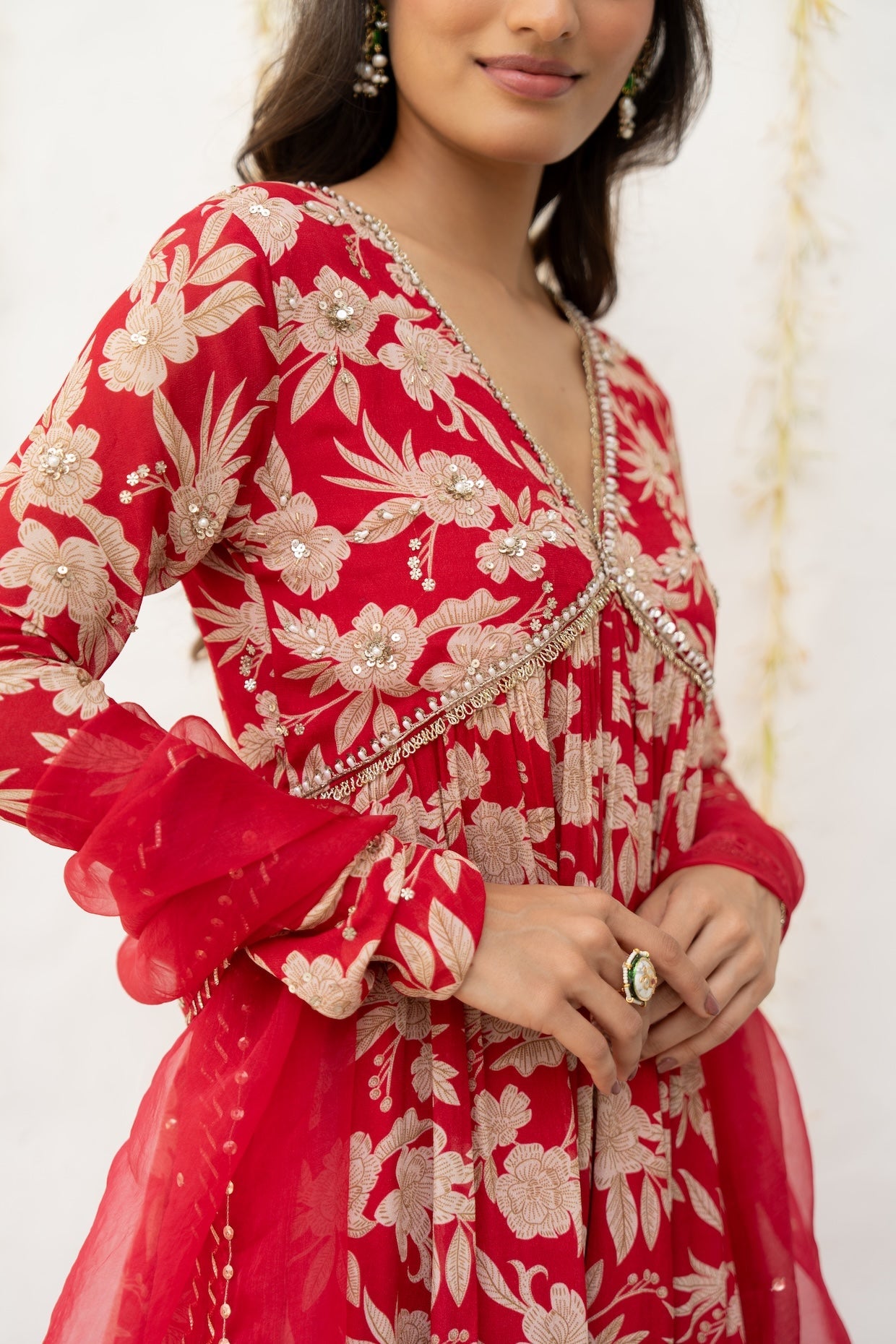 Cherry Red Crepe Printed Anarkali Set