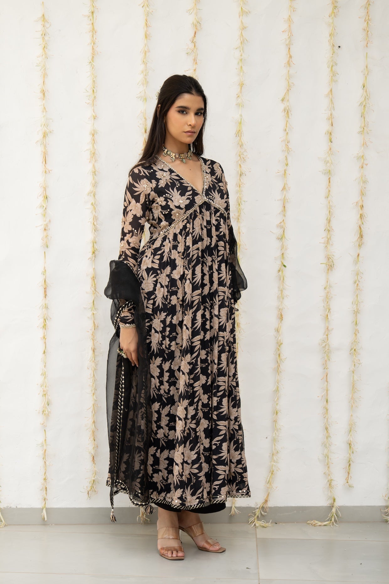 Charcoal Black Crepe Printed Anarkali Set