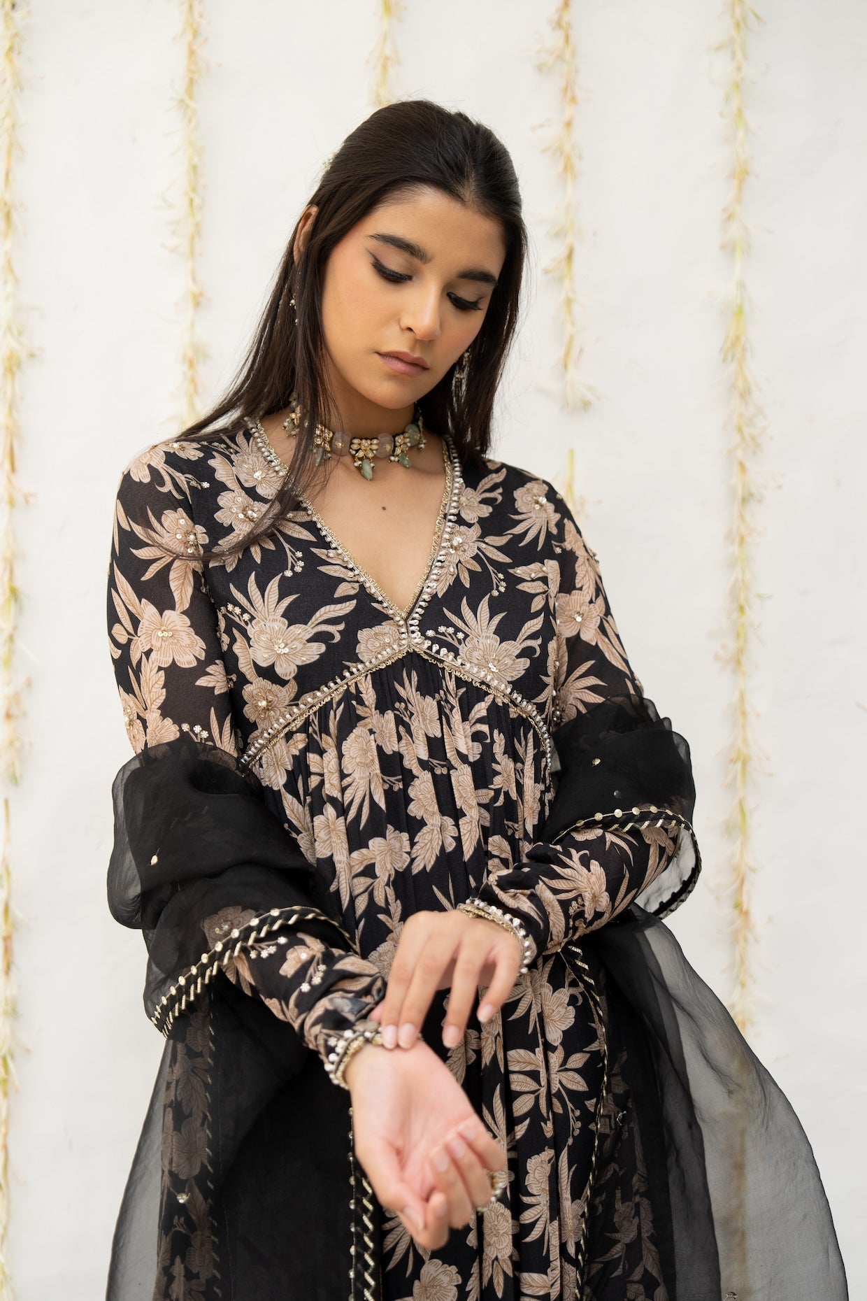 Charcoal Black Crepe Printed Anarkali Set