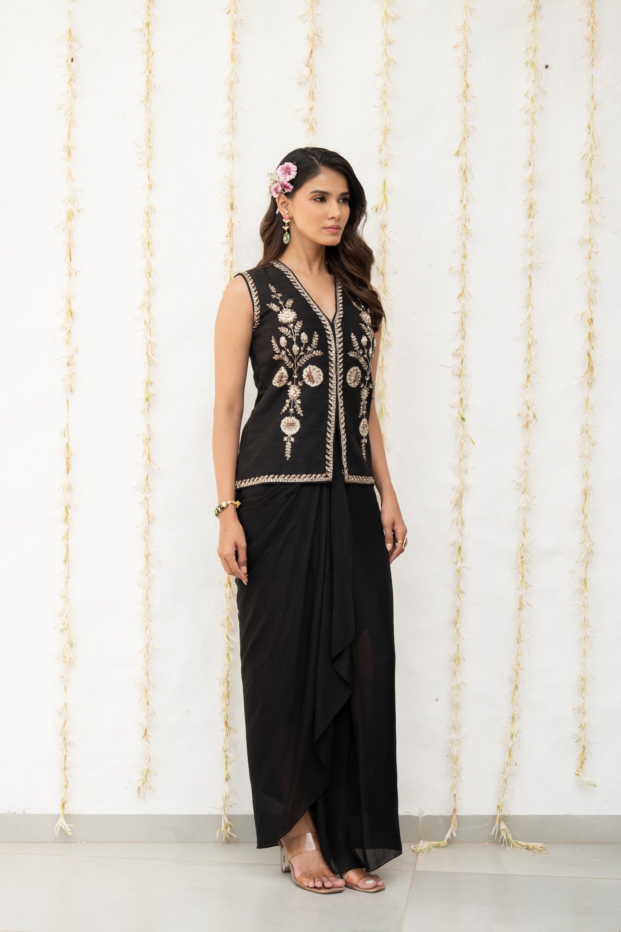 Charcoal Black Silk Waistcoat Jacket Set