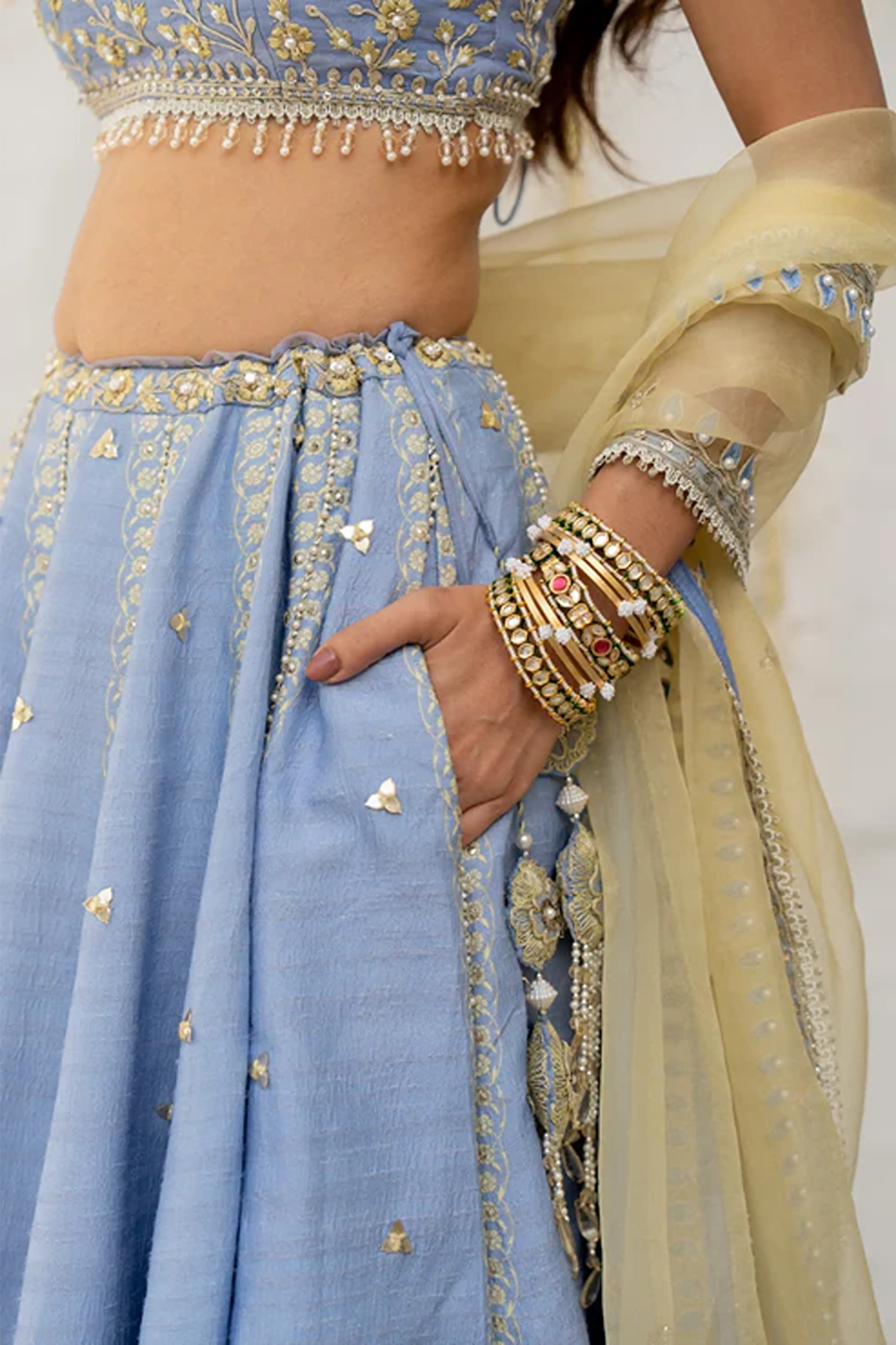 Cornflower Blue Silk Embroidered Lehenga Set