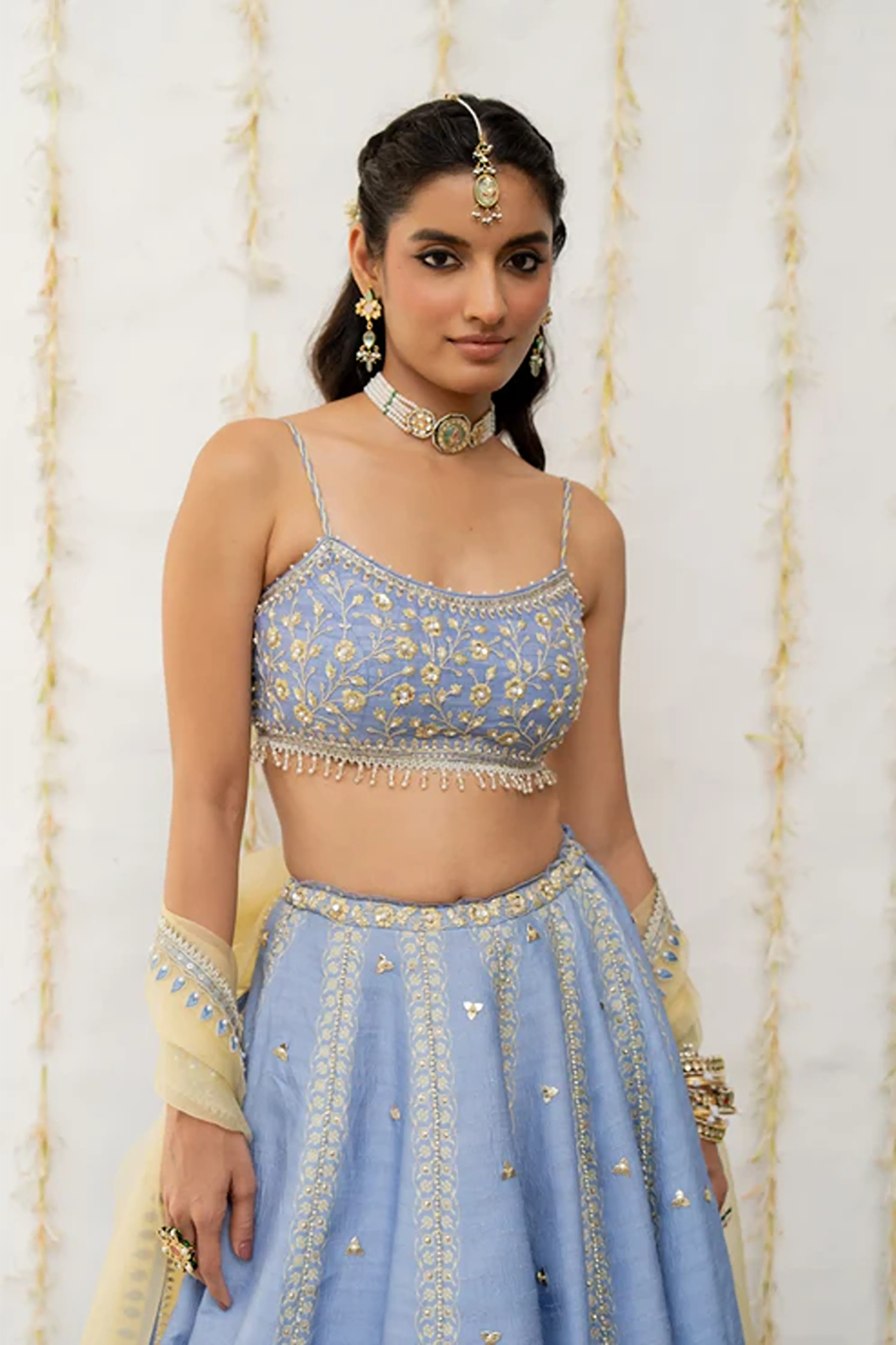 Cornflower Blue Silk Embroidered Lehenga Set