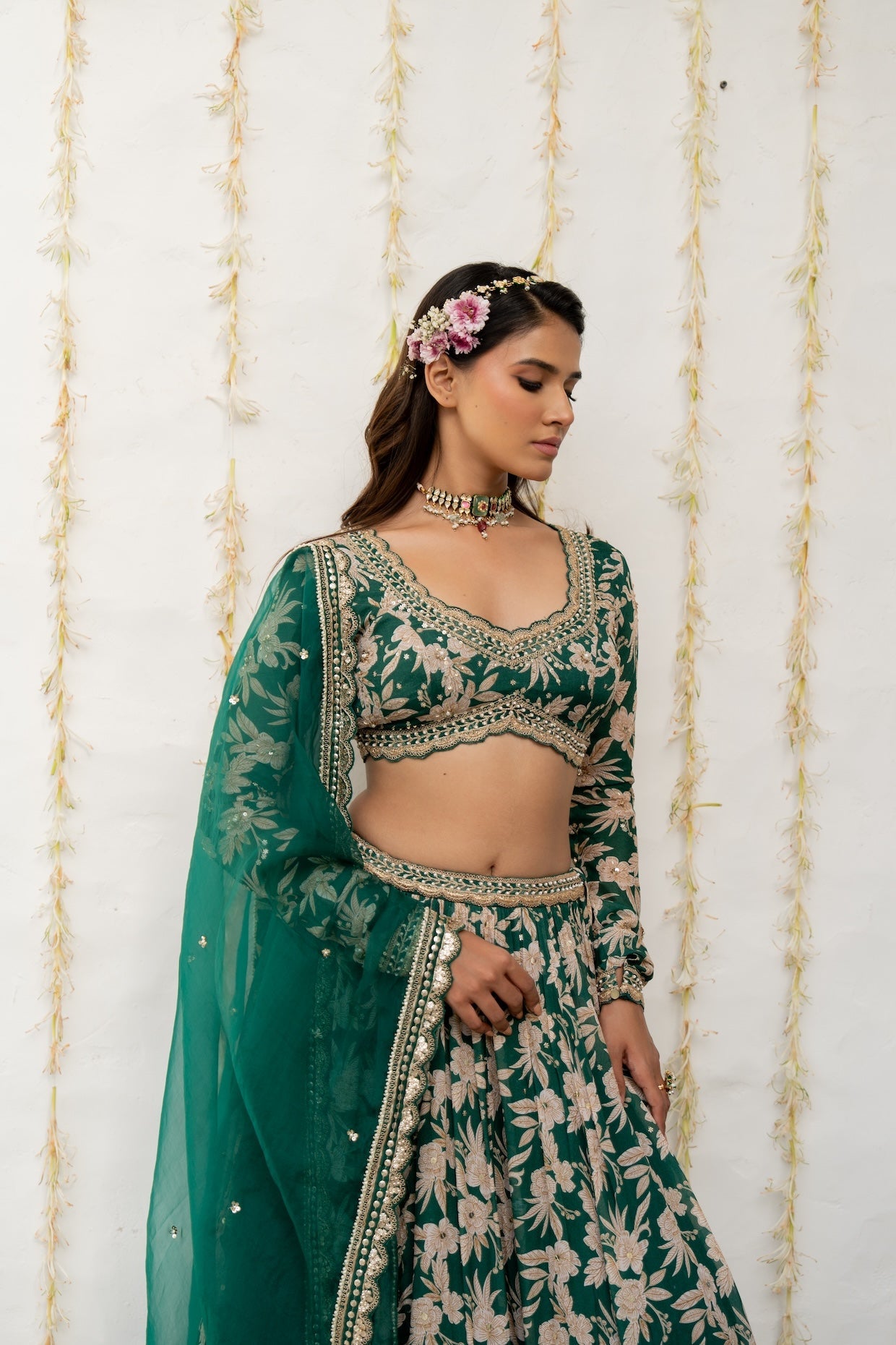 Bottle Green Crepe Tiered Skirt Set