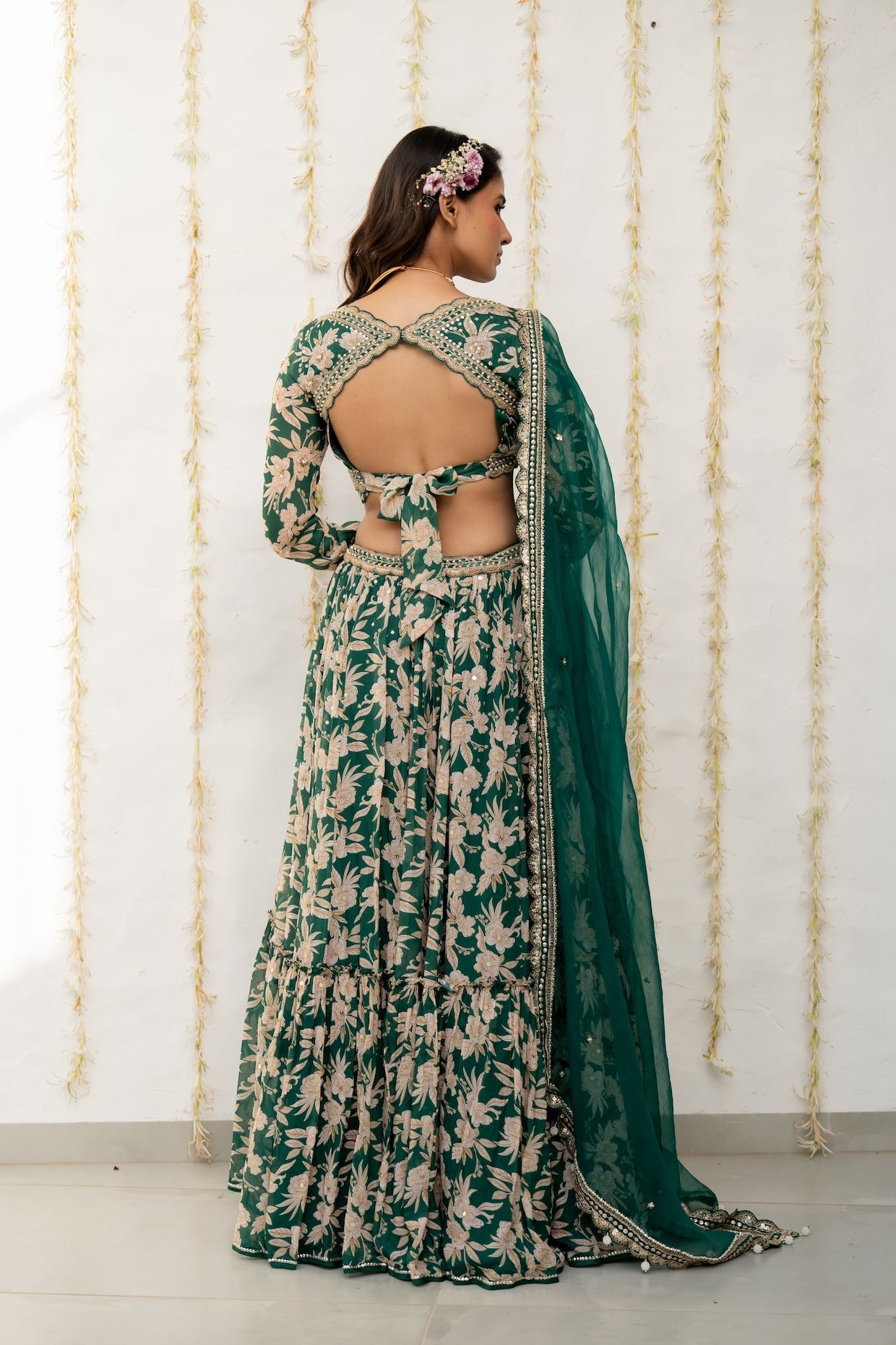 Bottle Green Crepe Tiered Skirt Set