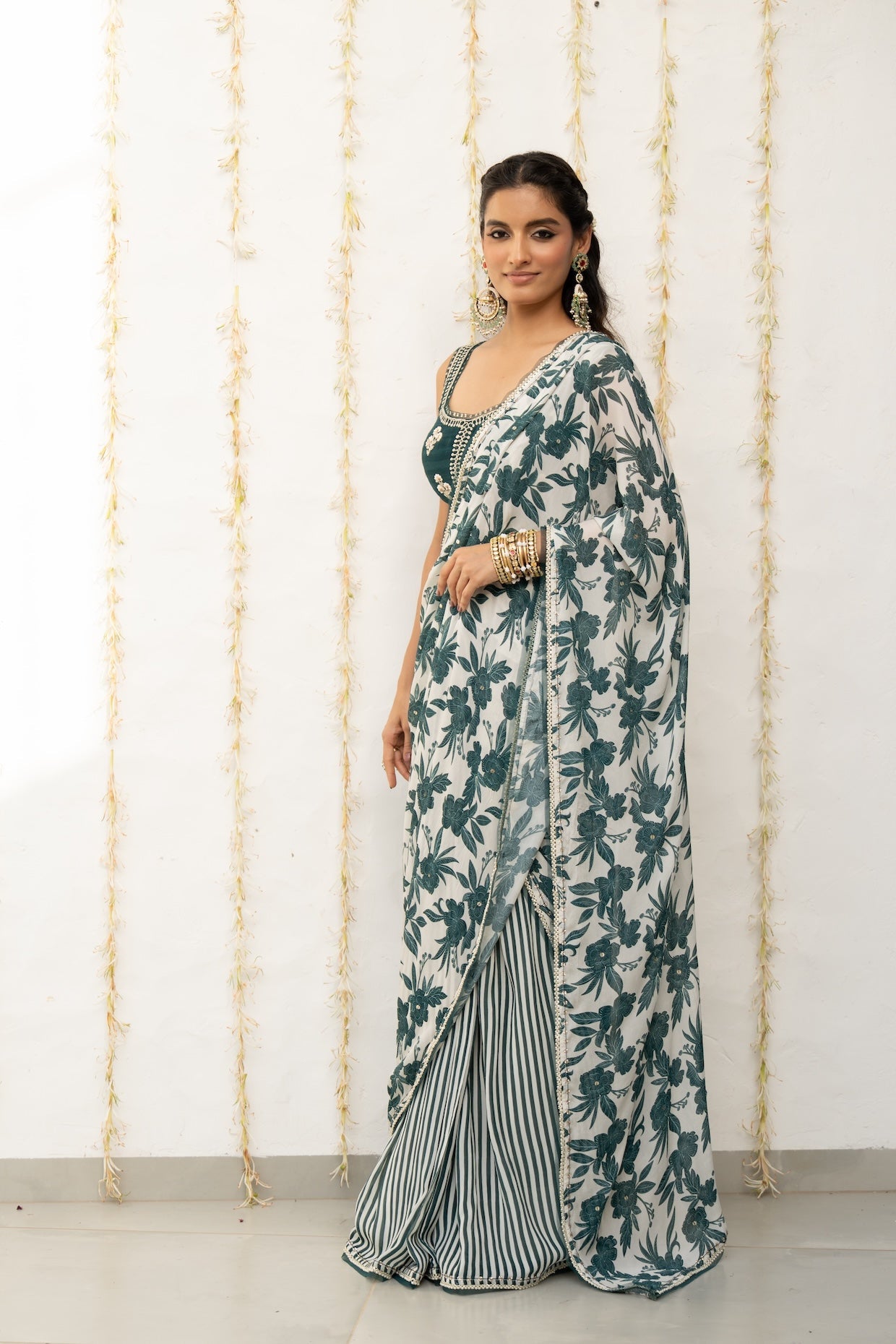 Ivory Teal Chiffon Draped Saree Set