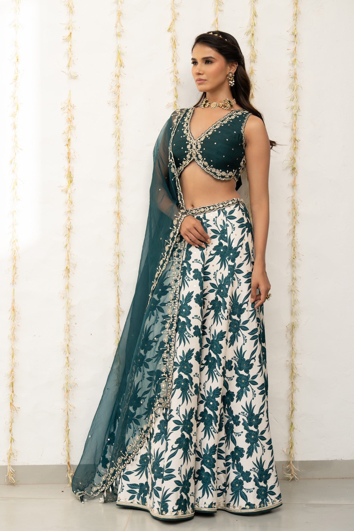 Ivory Teal Silk Printed & Embroidered Lehenga Set
