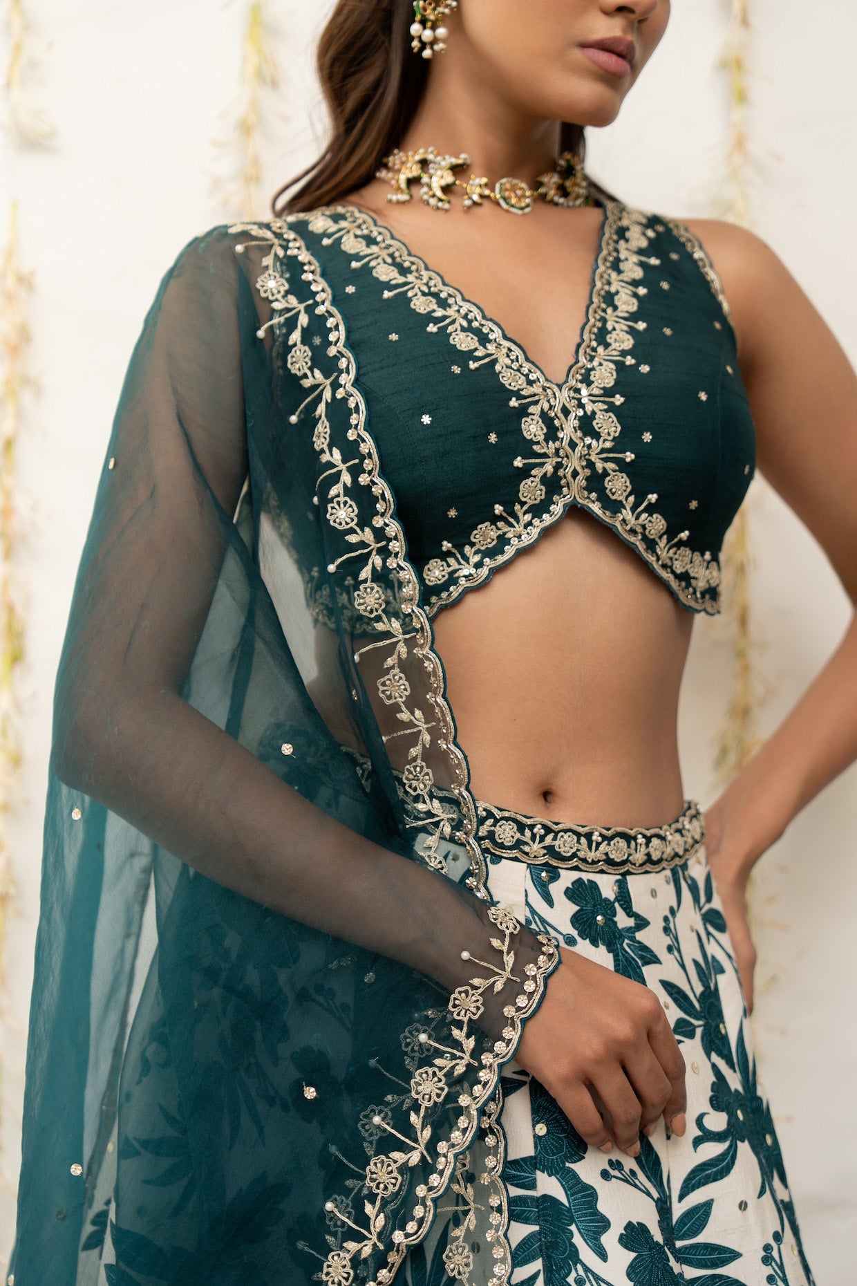 Ivory Teal Silk Printed & Embroidered Lehenga Set