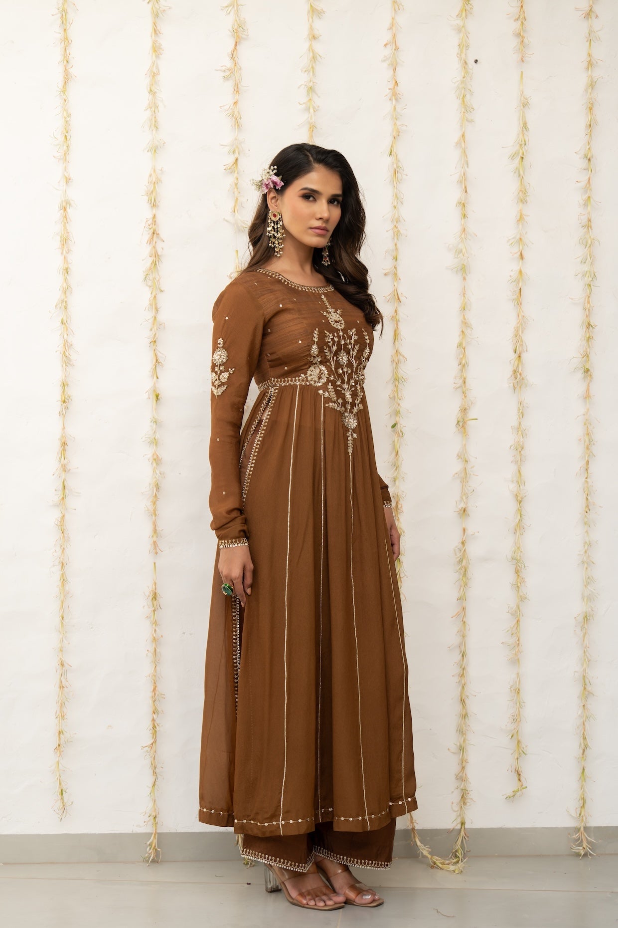 Cocoa Brown Silk Embroidered High Slit Kurta Set