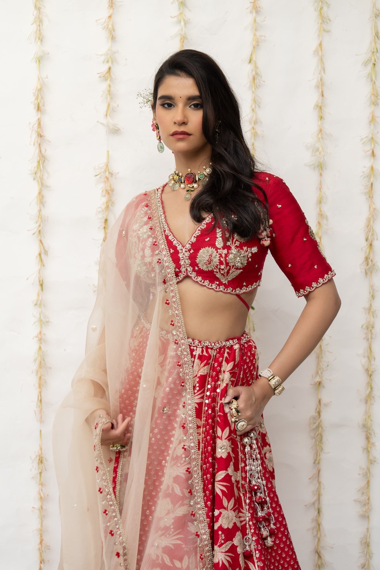 Cherry Red Silk Embroidered Concept Lehenga Set