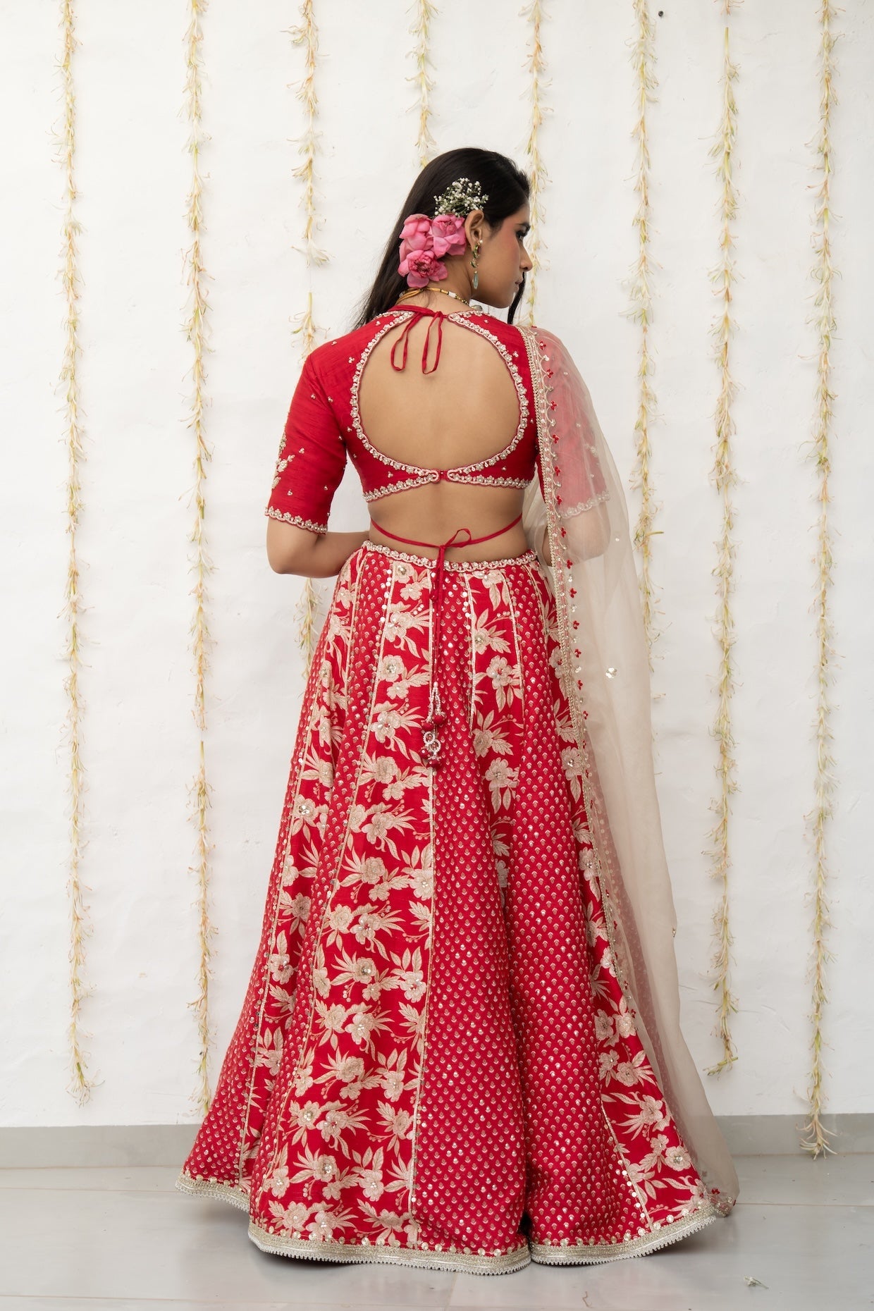 Cherry Red Silk Embroidered Concept Lehenga Set