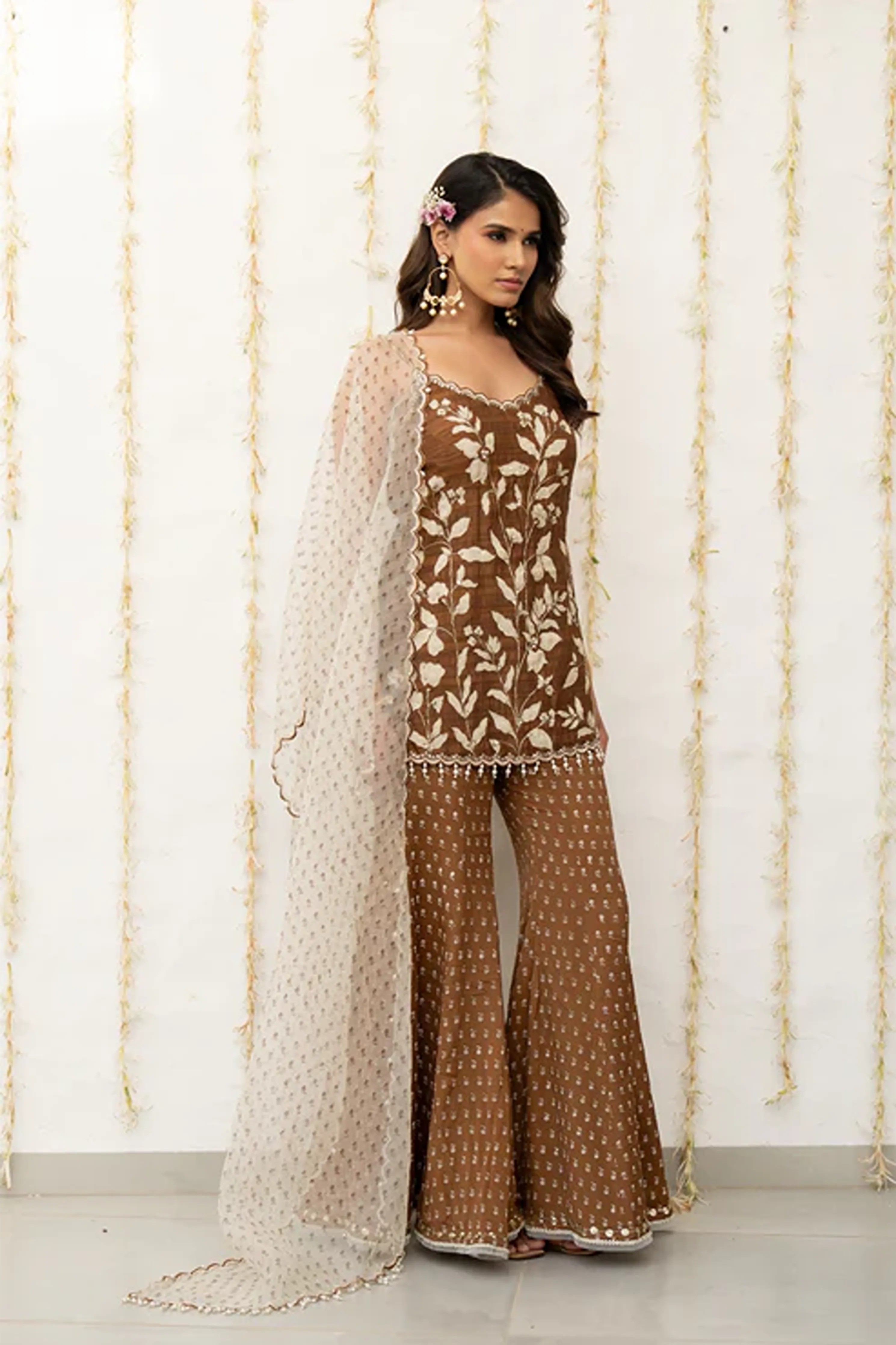 Cocoa Brown Silk Embroidered Sharara Set