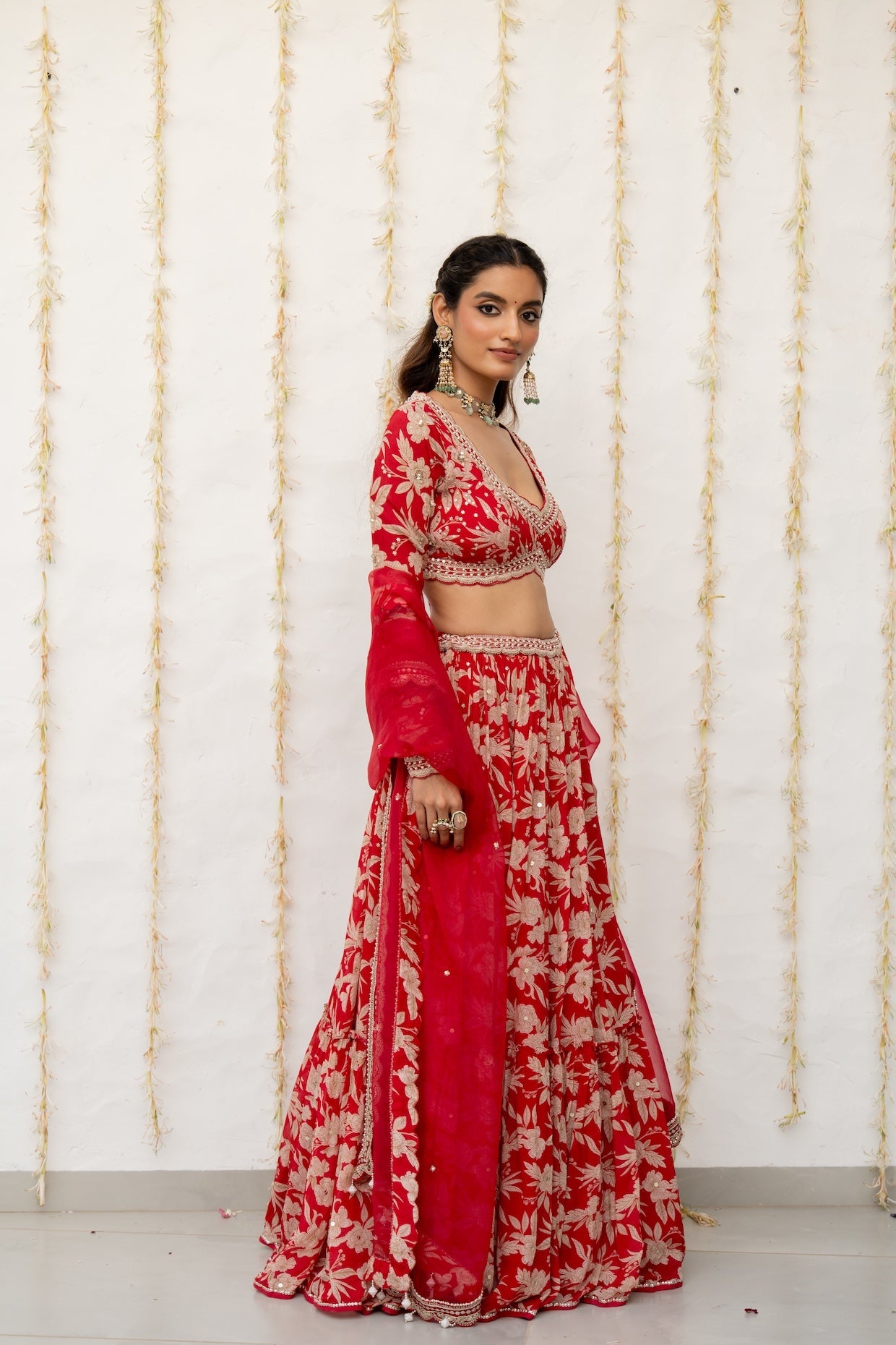 Cherry Red Crepe Tiered Skirt Set