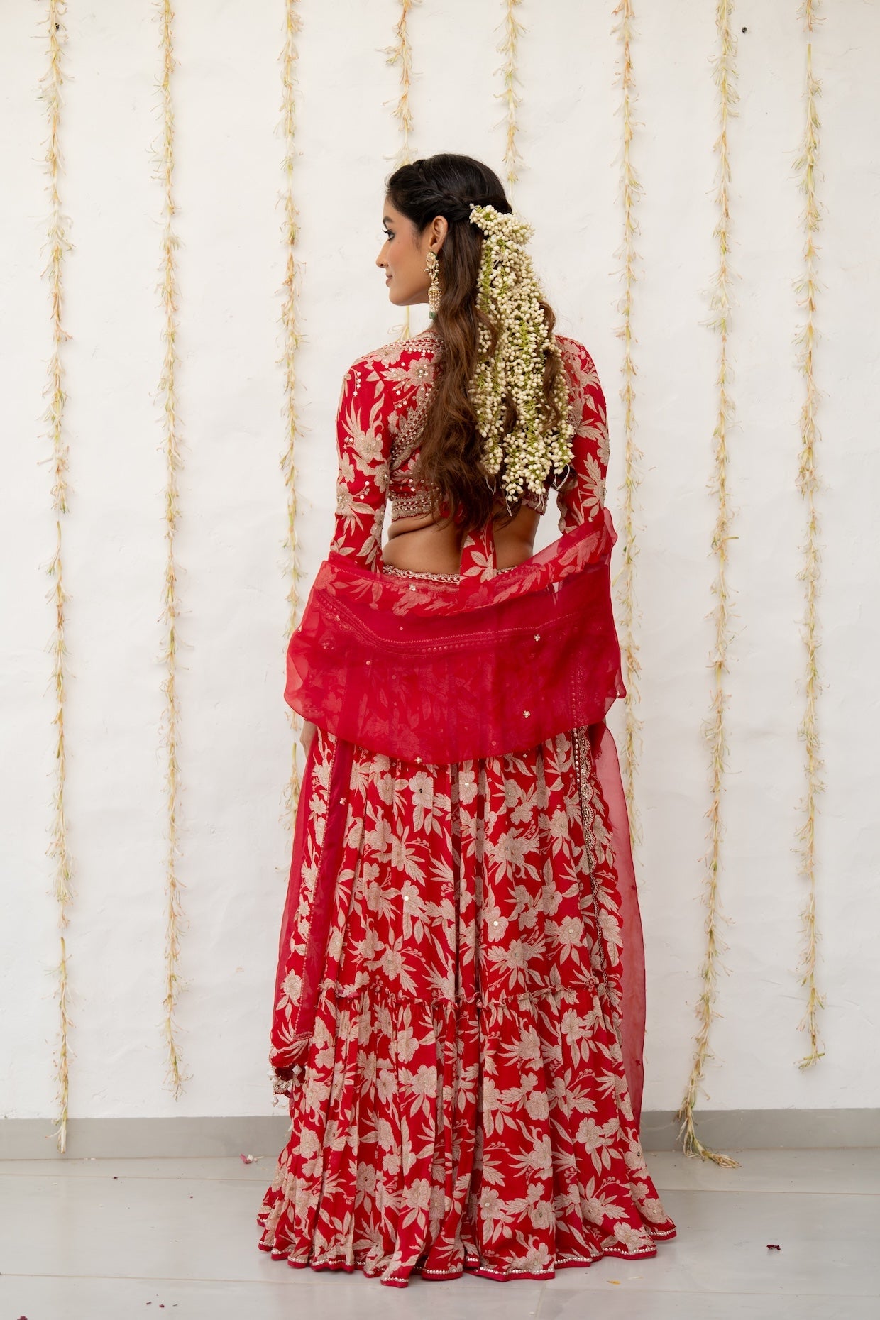 Cherry Red Crepe Tiered Skirt Set