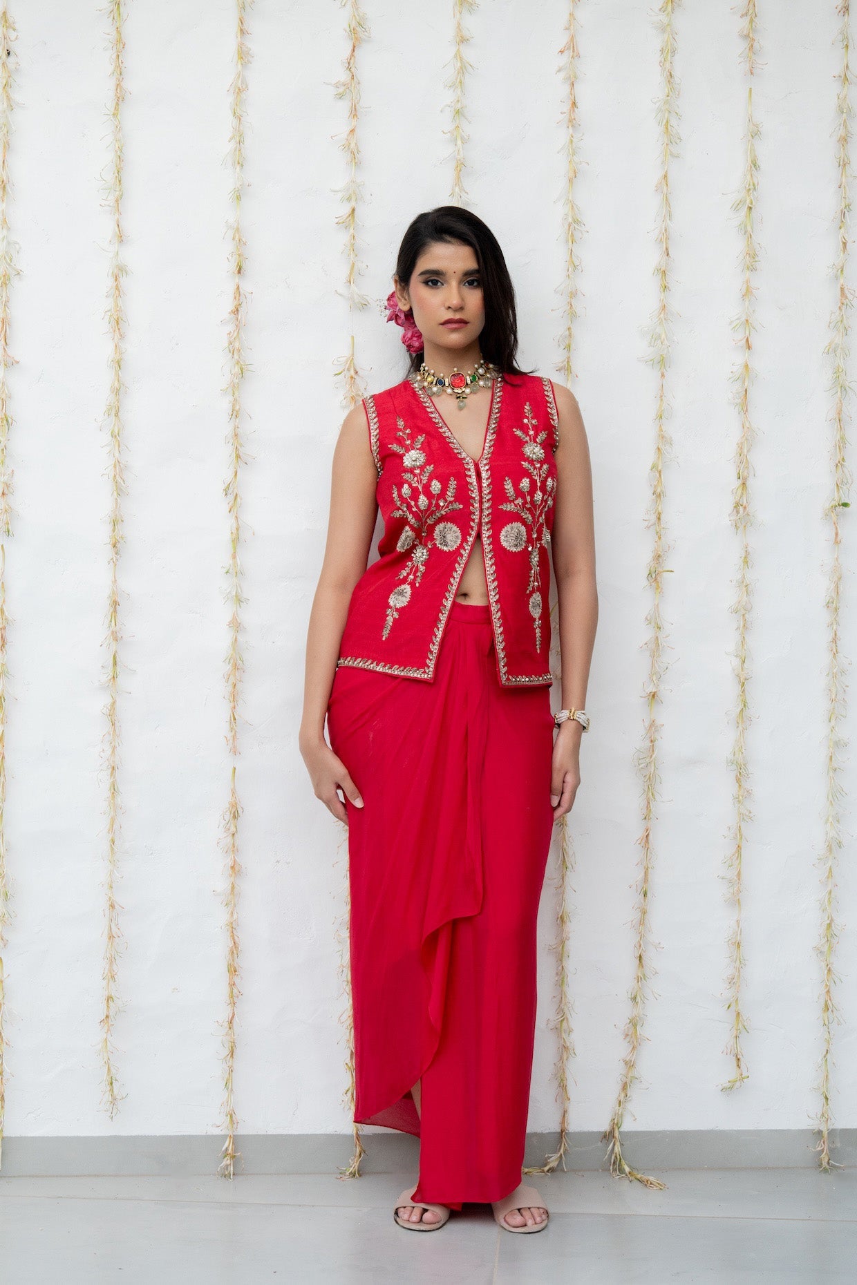 Cherry Red Silk Waistcoat Jacket Set