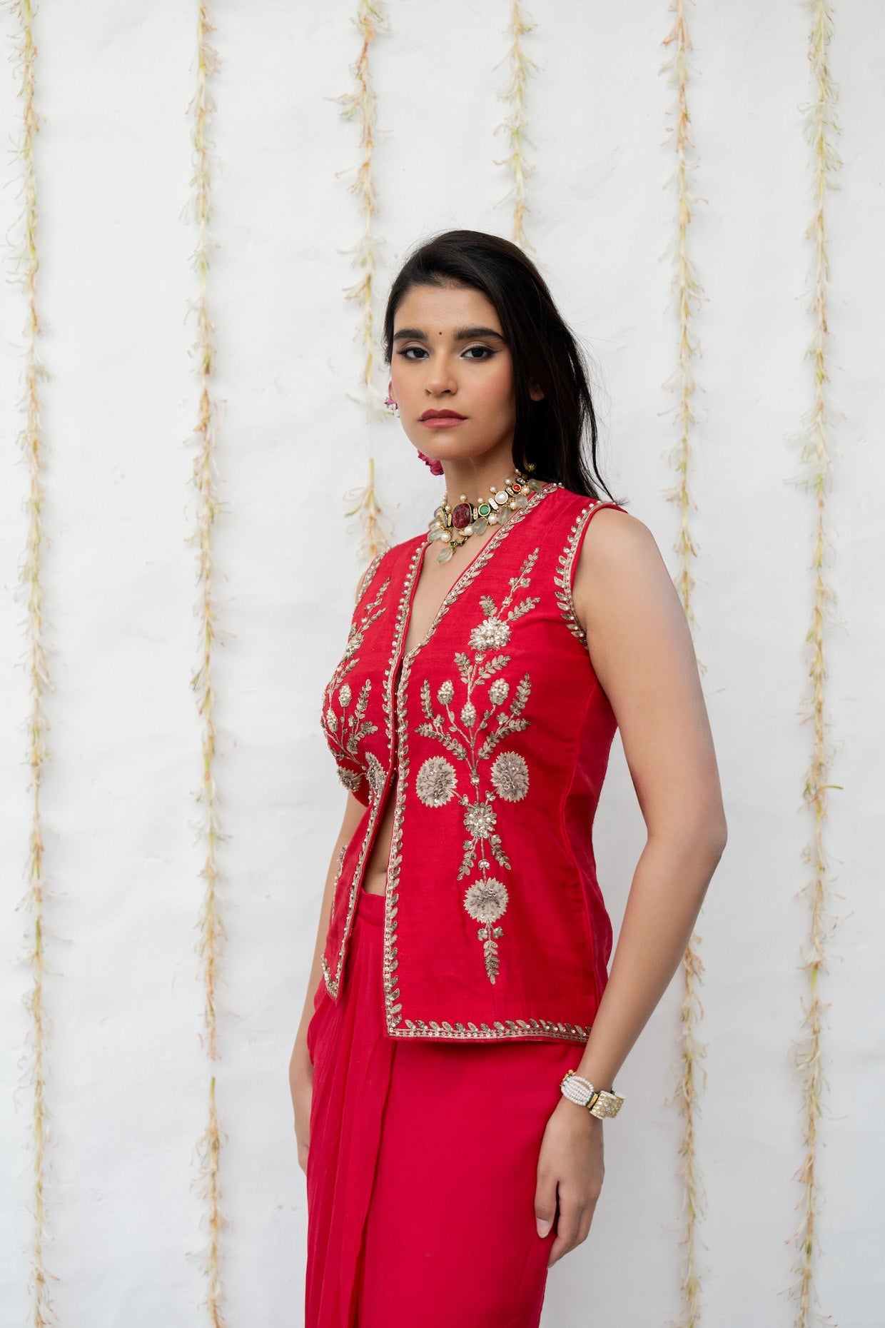 Cherry Red Silk Waistcoat Jacket Set