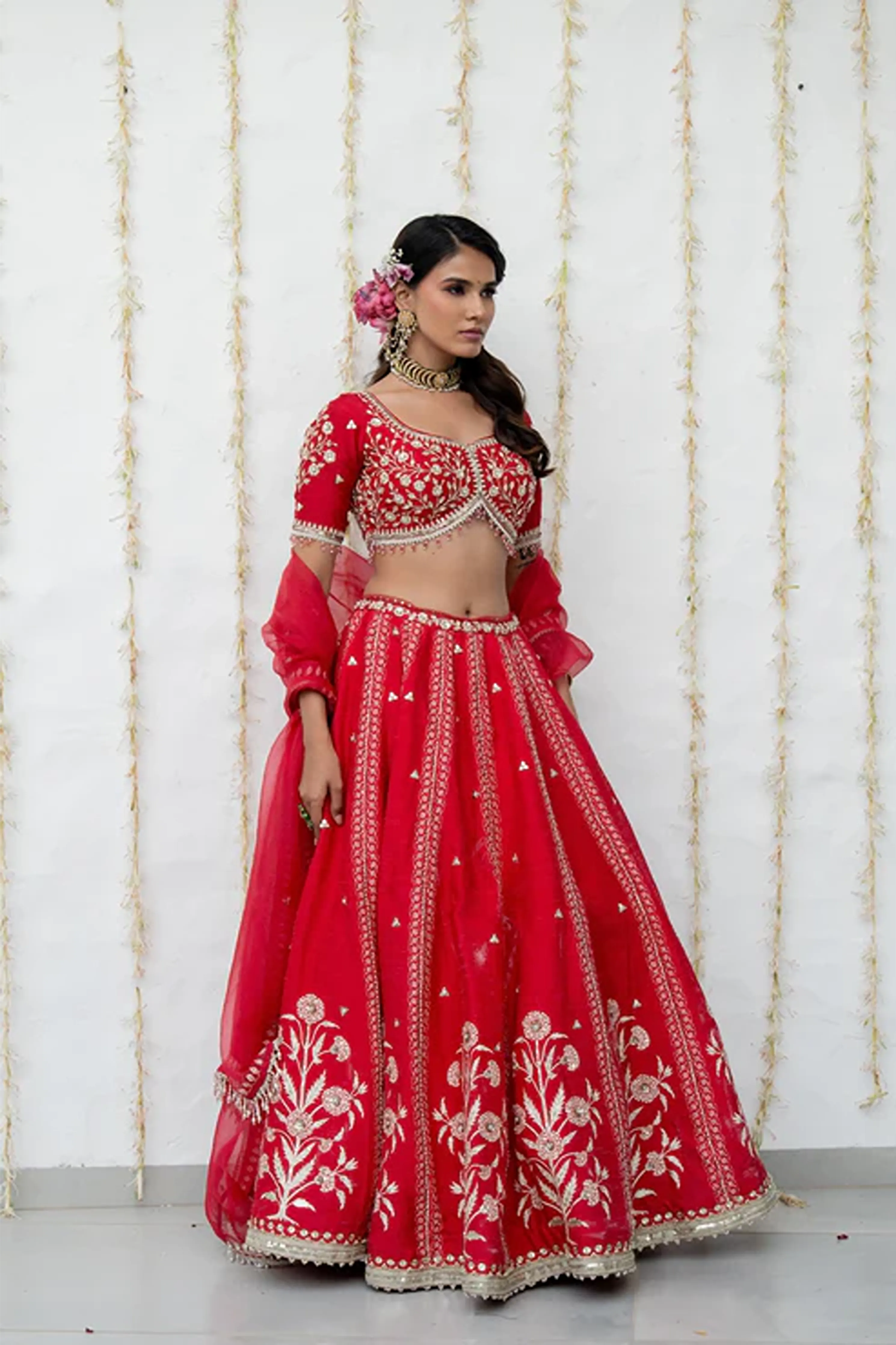 Cherry Red Silk Embroidered Lehenga Set