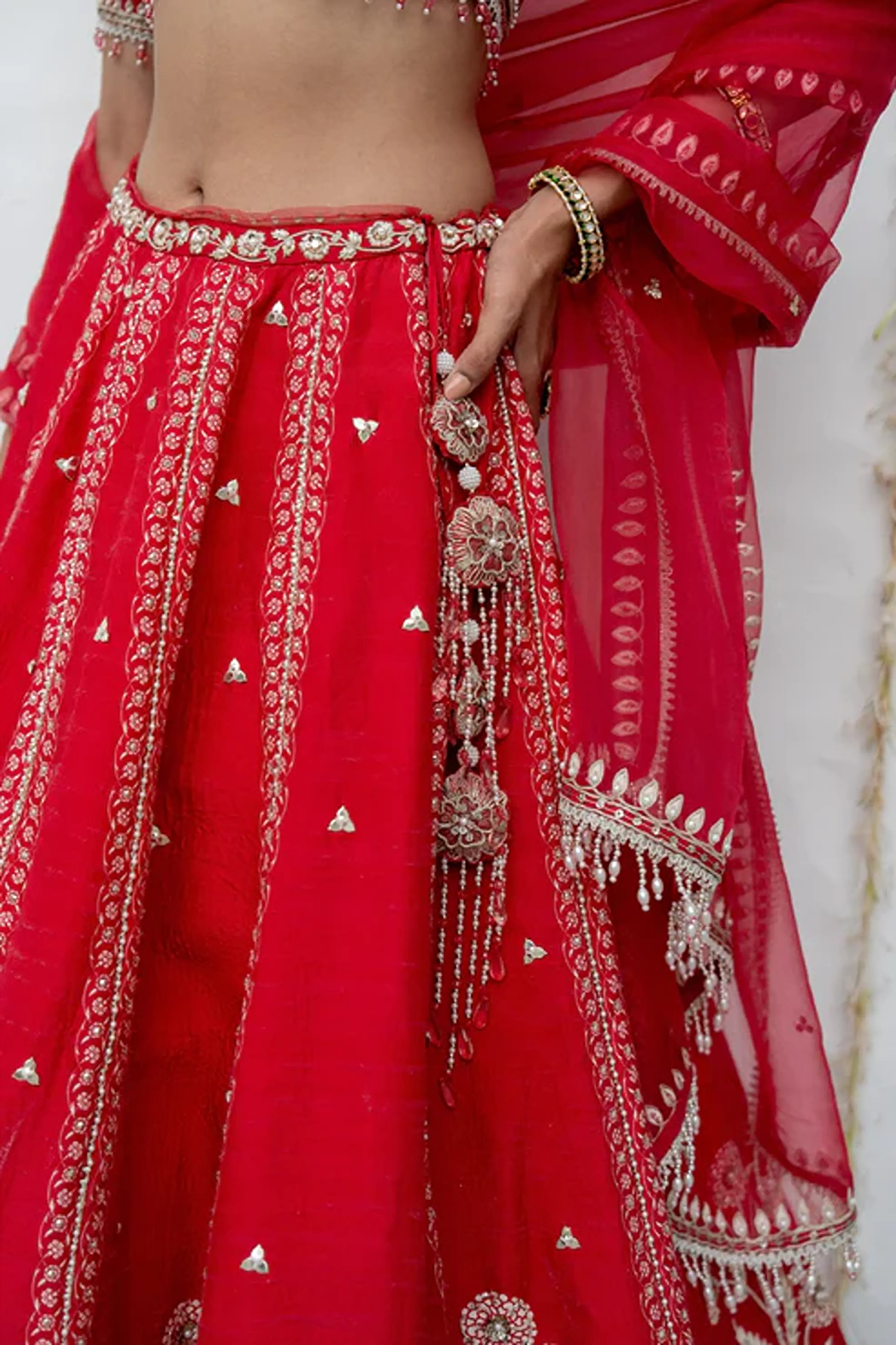 Cherry Red Silk Embroidered Lehenga Set