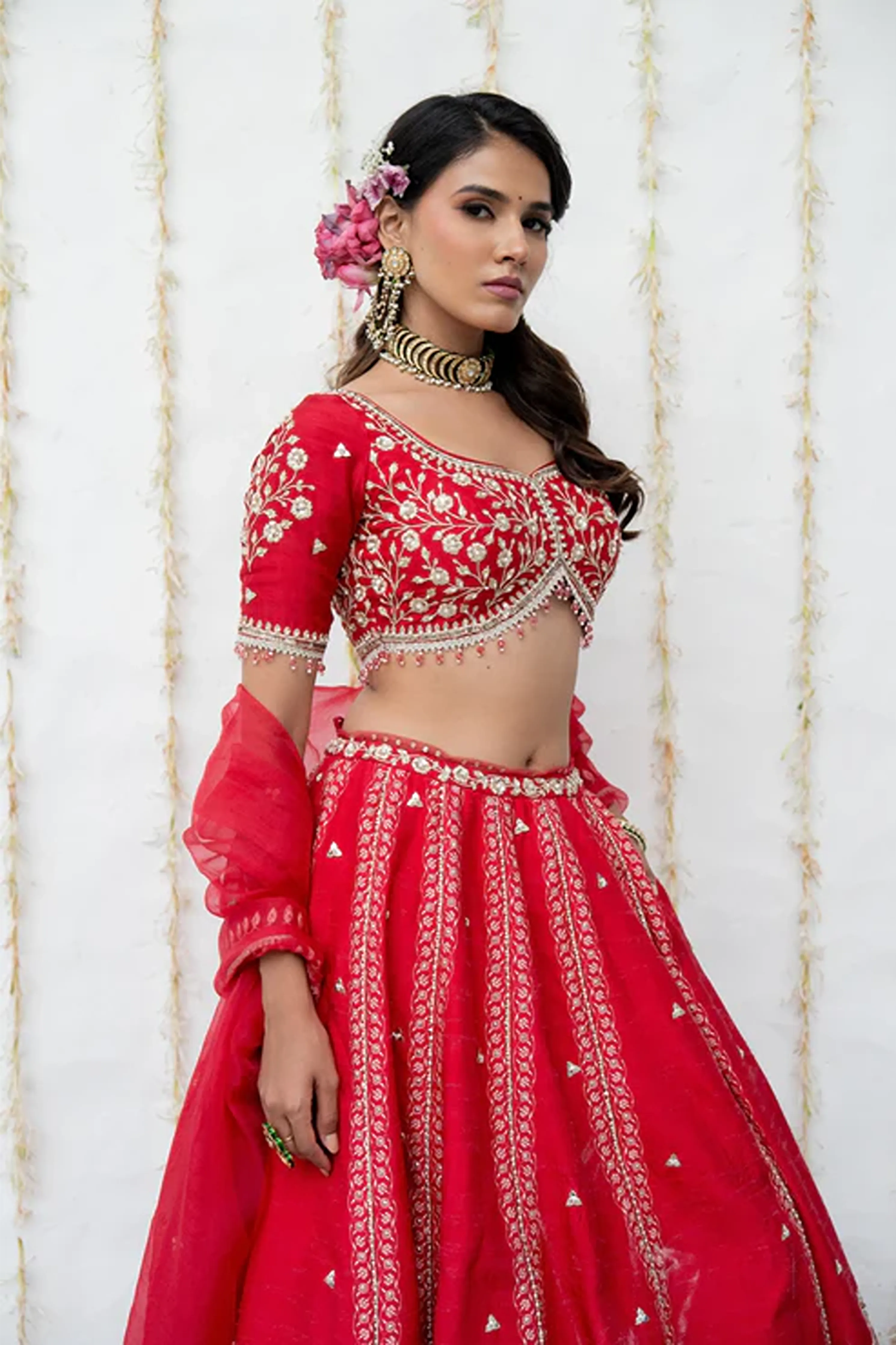 Cherry Red Silk Embroidered Lehenga Set