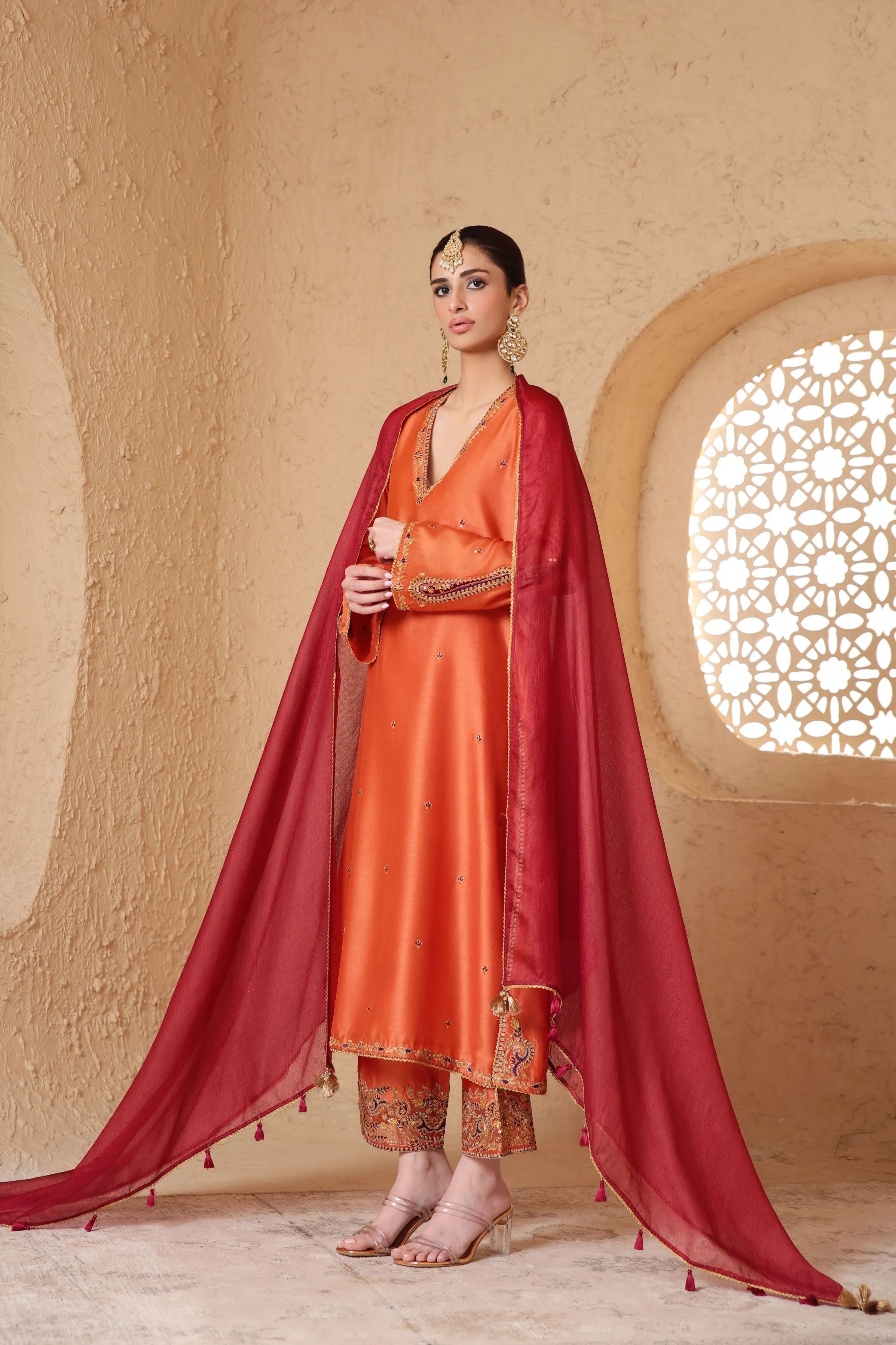 Mehrang Orange Applique Kurta Set