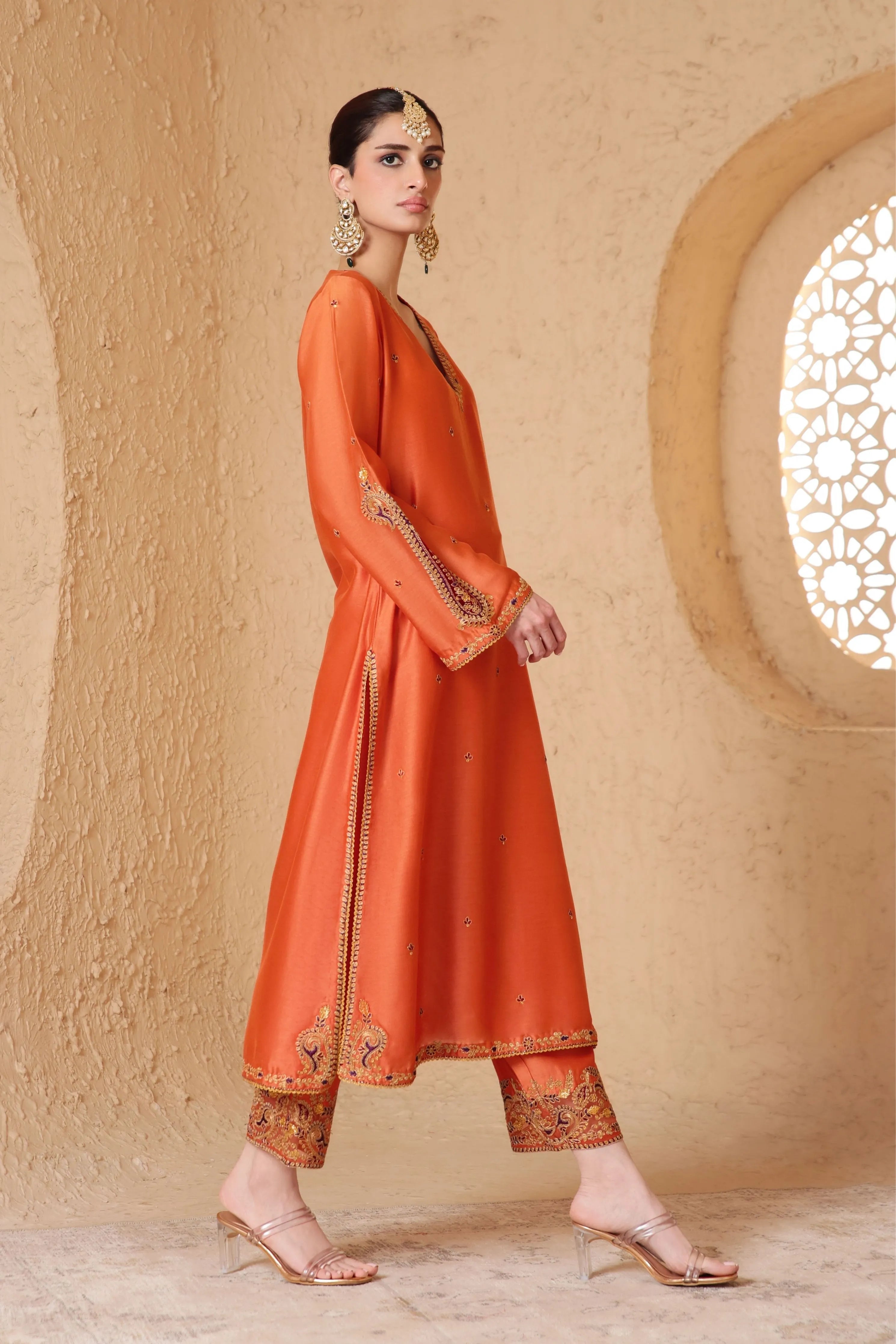 Mehrang Orange Applique Kurta Set