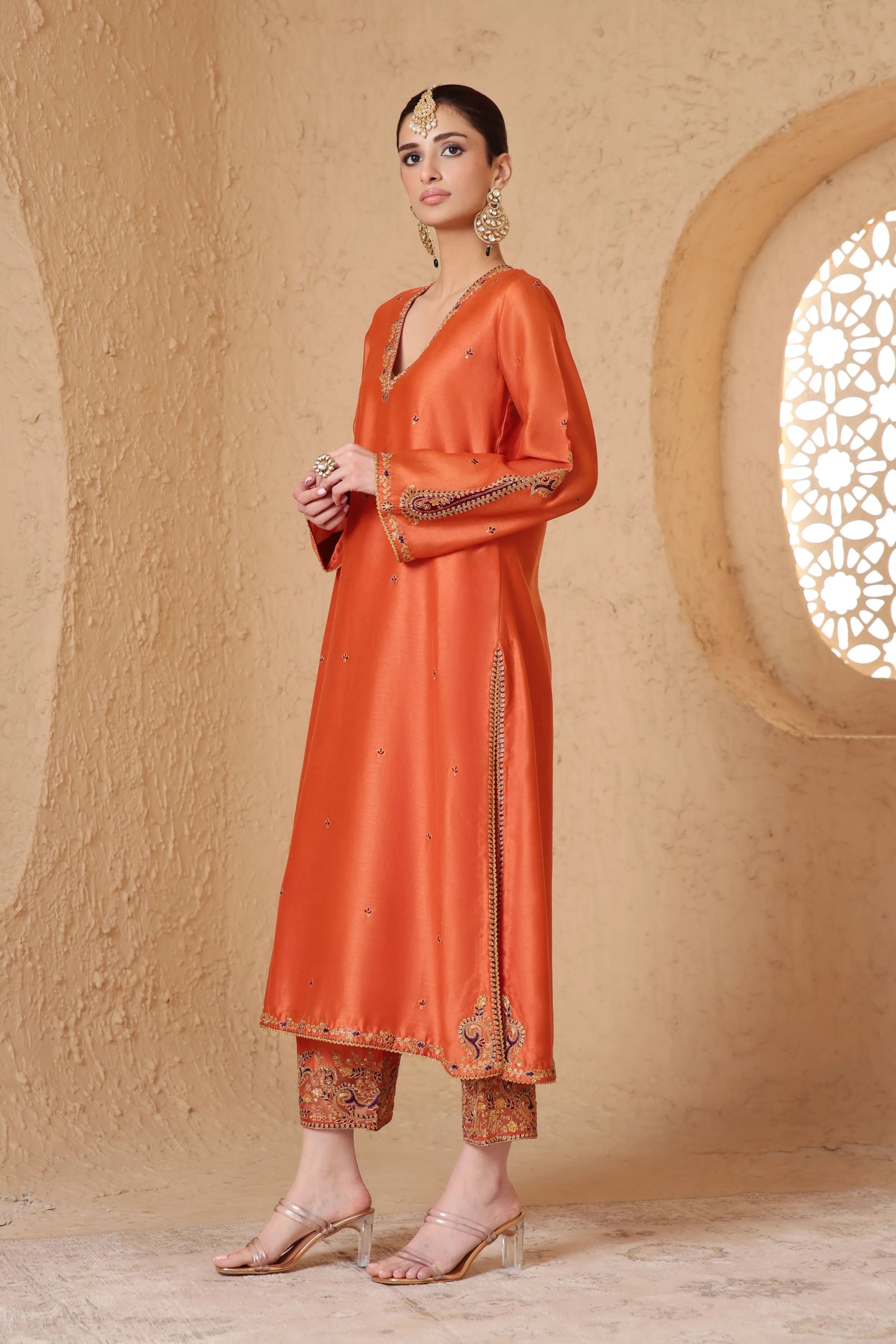 Mehrang Orange Applique Kurta Set