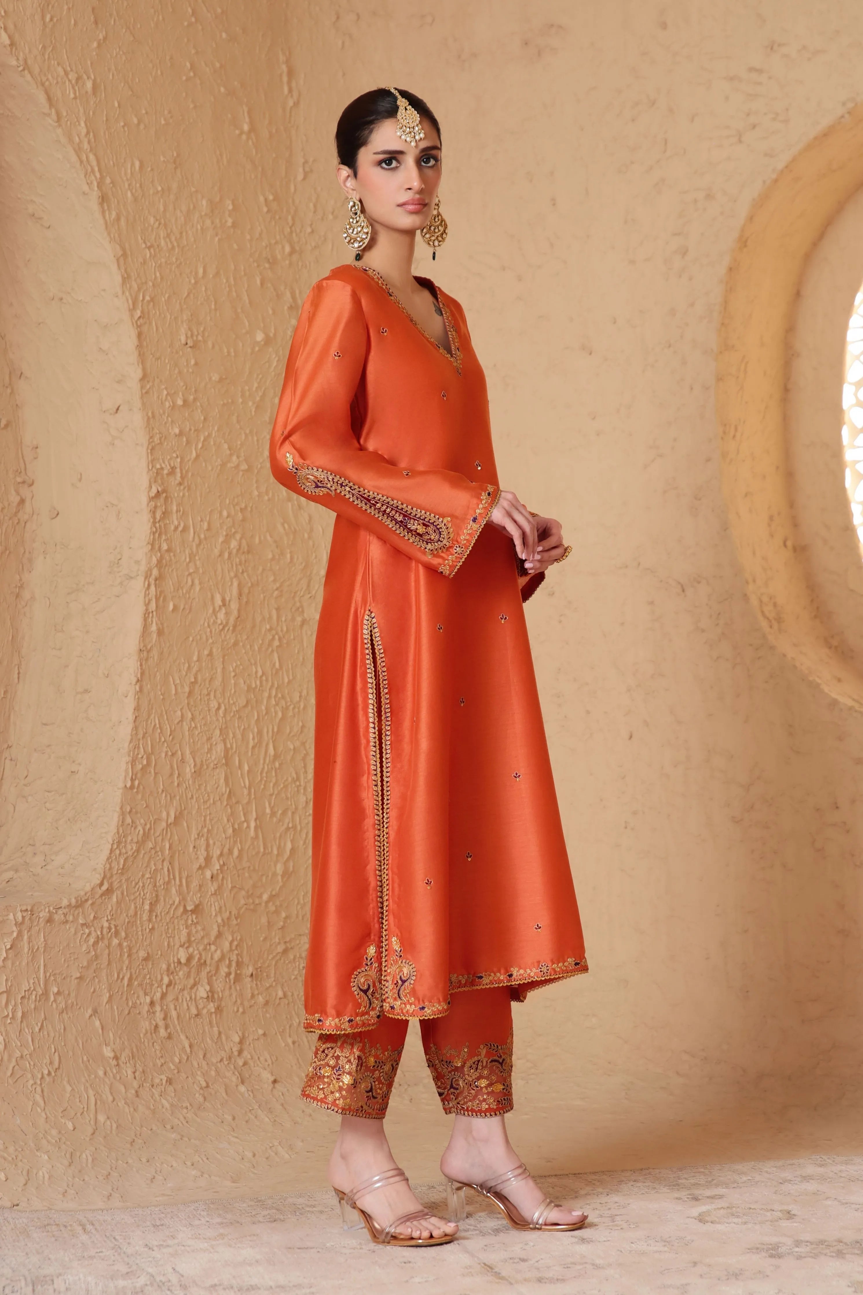 Mehrang Orange Applique Kurta Set