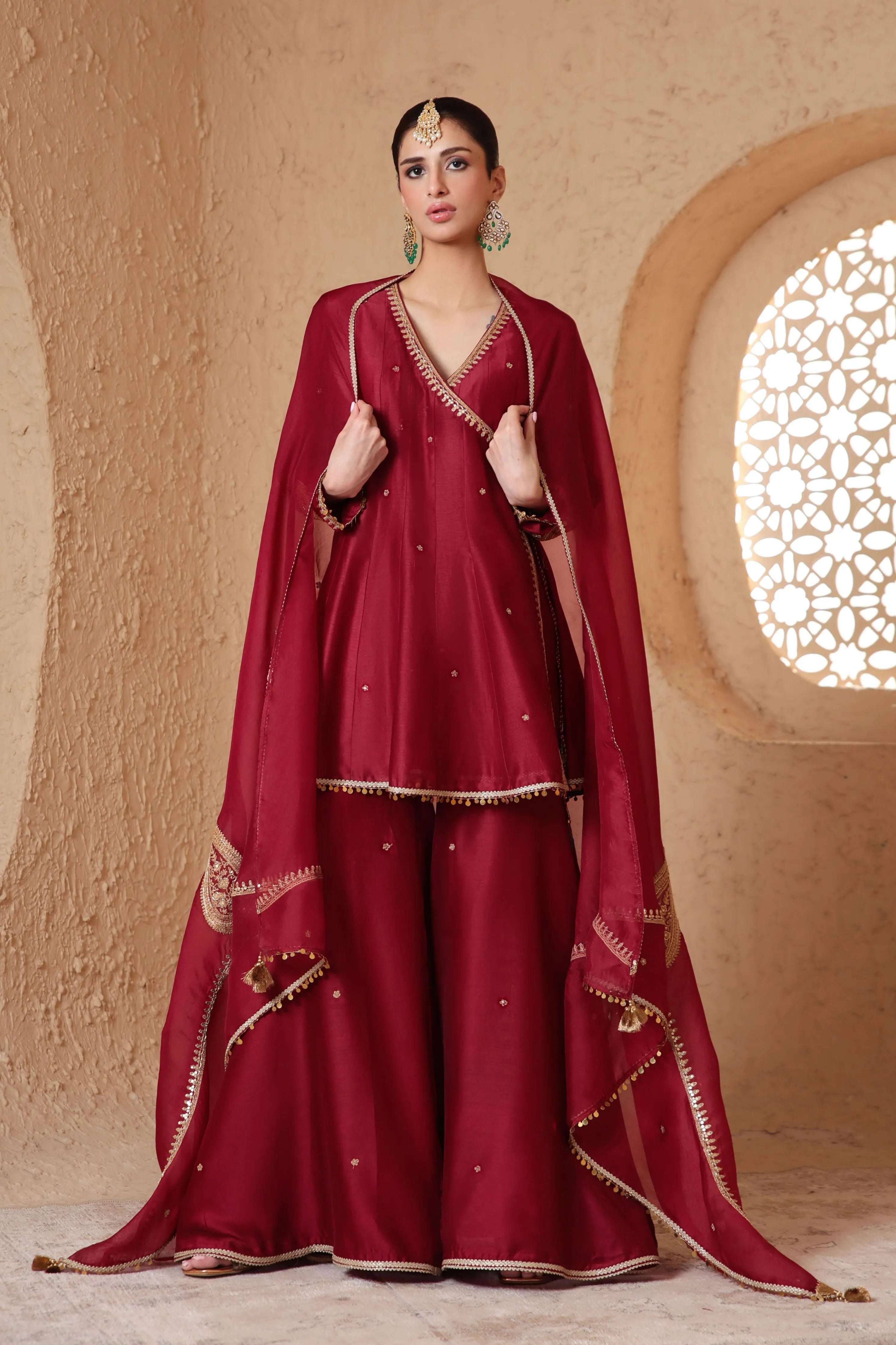 Mehrang Maroon Angrakha Sharara Set