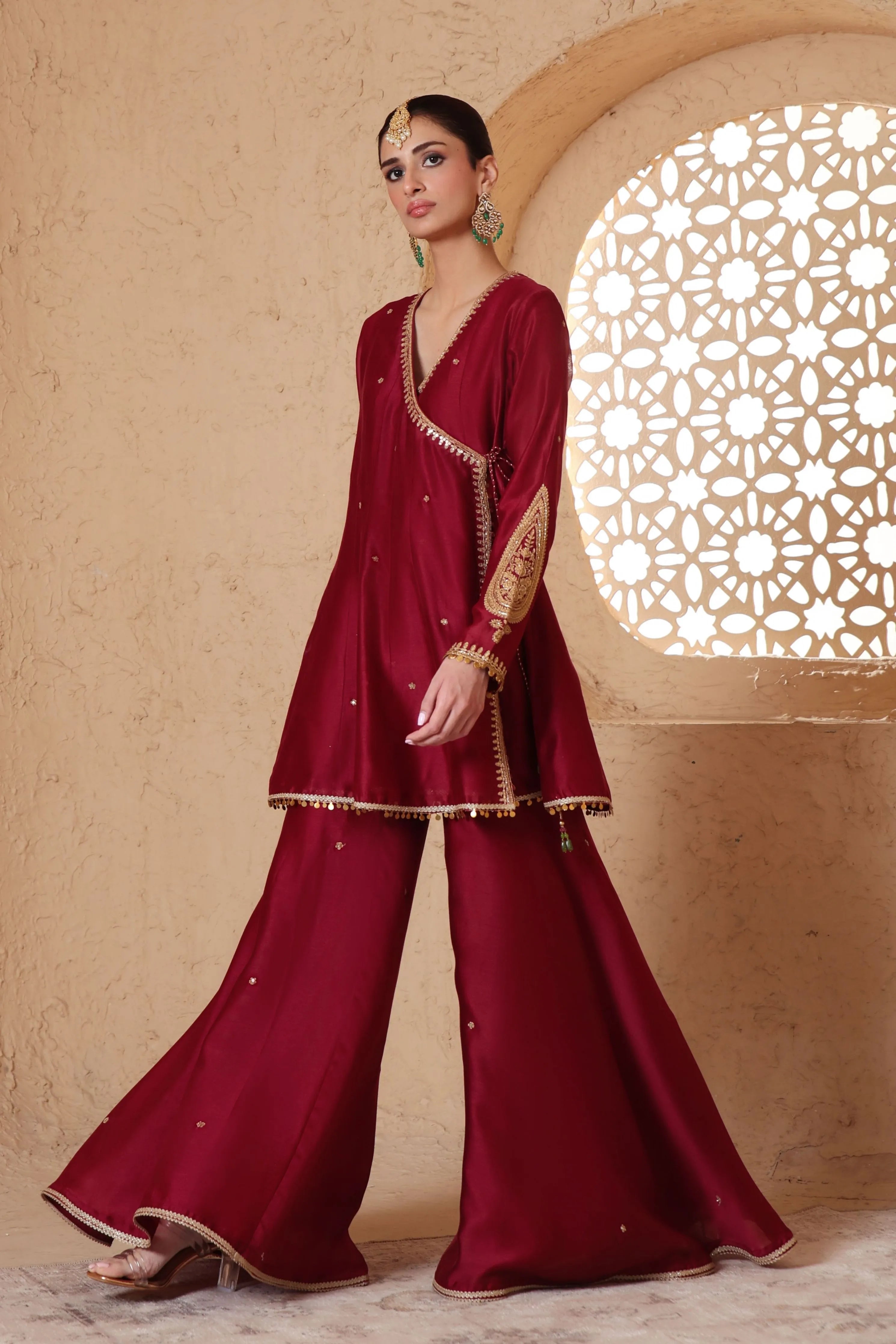 Mehrang Maroon Angrakha Sharara Set