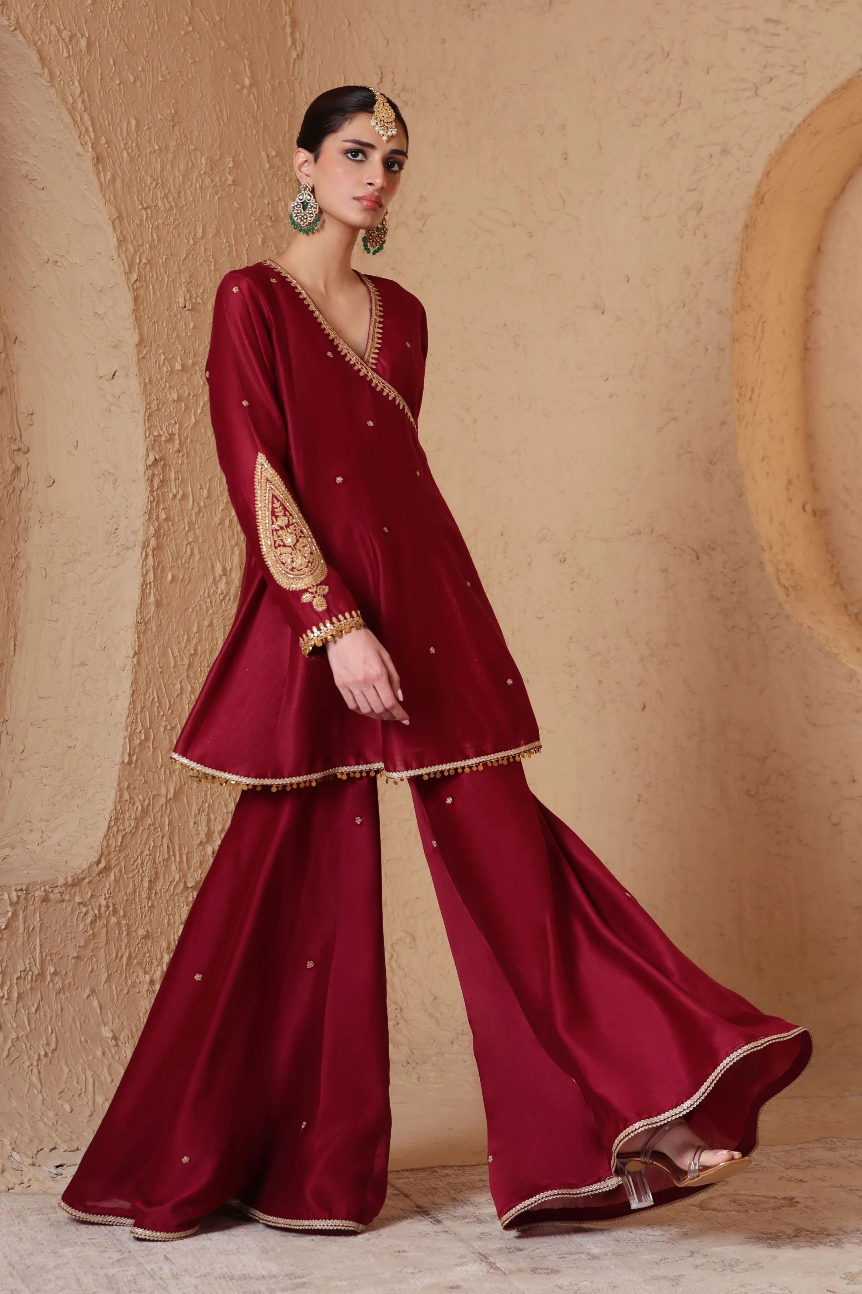 Mehrang Maroon Angrakha Sharara Set